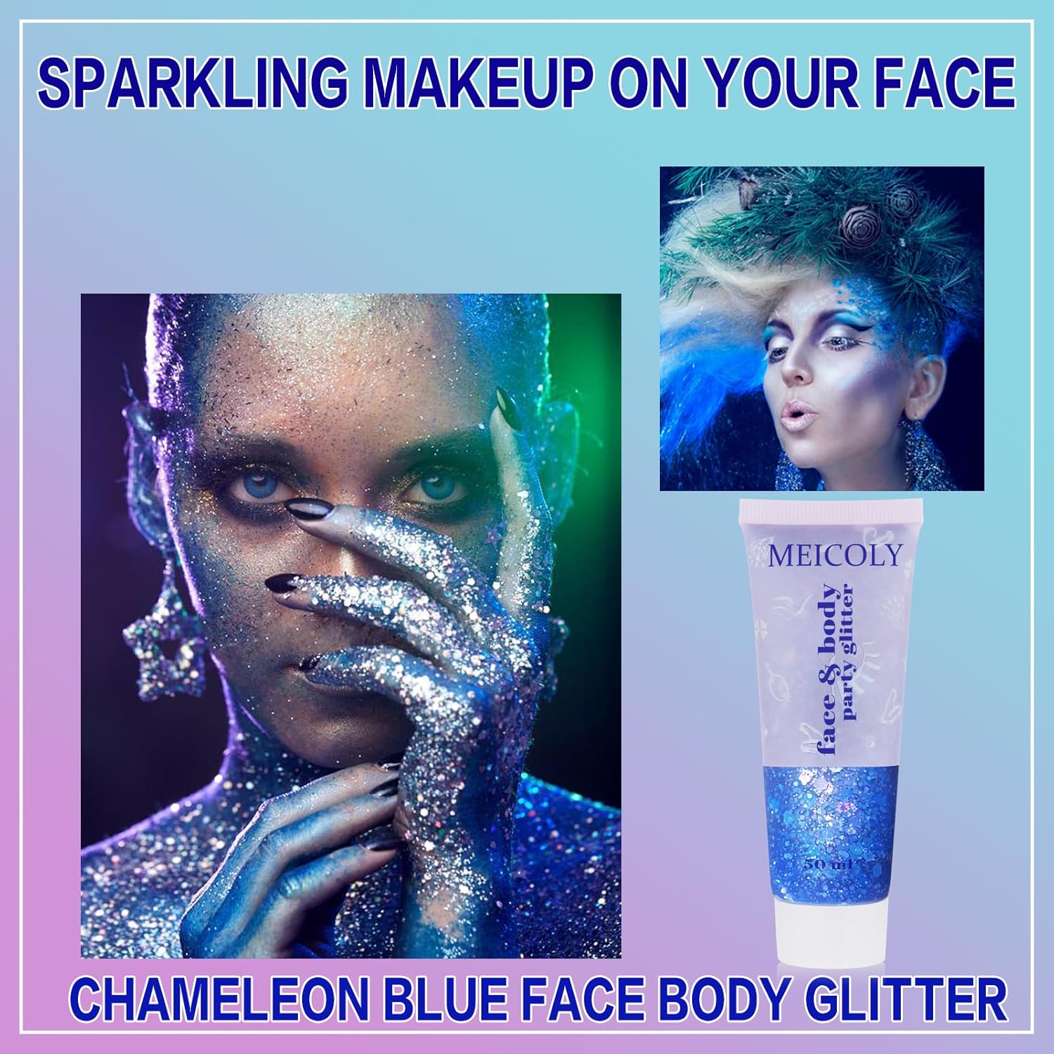 MEICOLY Purpurina corporal azul camaleón, gel grueso con purpurina para cara, conciertos, cantante de sirena, para conciertos, para rostro, cuerpo,
