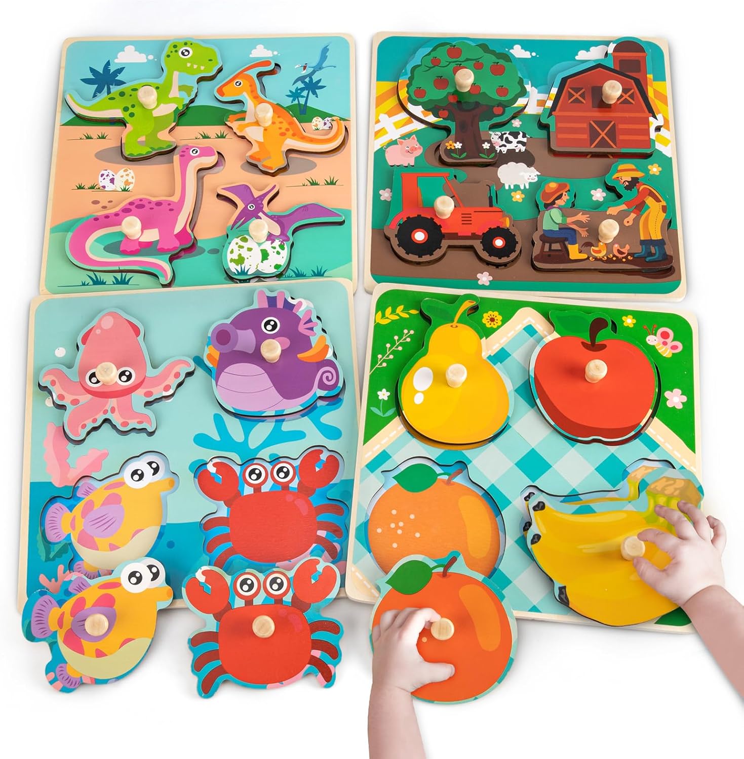 Rompecabezas de madera para niños pequeños de 8.6 x 8.6 pulgadas, rompecabezas de clavijas de gran tamaño mejorados, 4 piezas de patrones de
