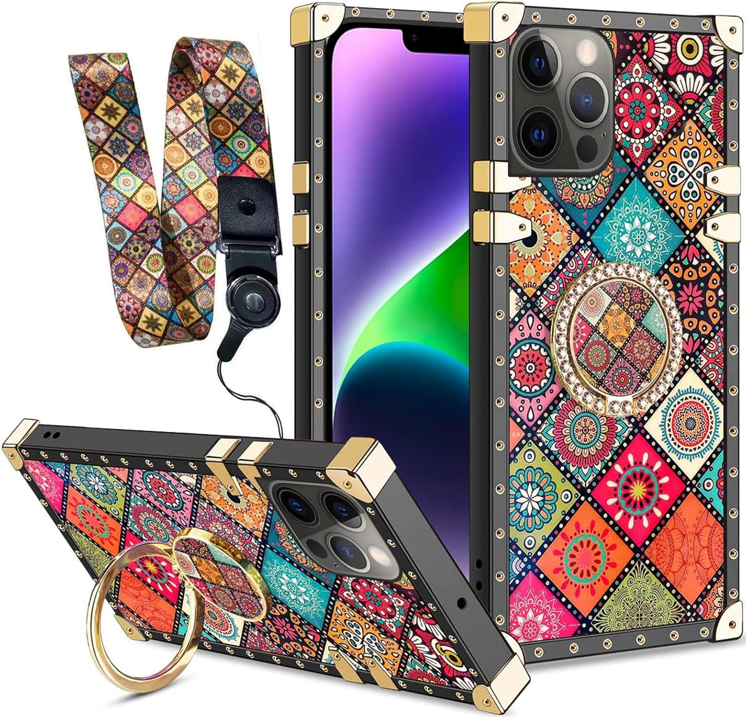 Funda para iPhone 14 Pro (no 14 Pro Max), bonita funda cuadrada retro para niñas y mujeres con soporte de anillo, diseño de flores, esquinas