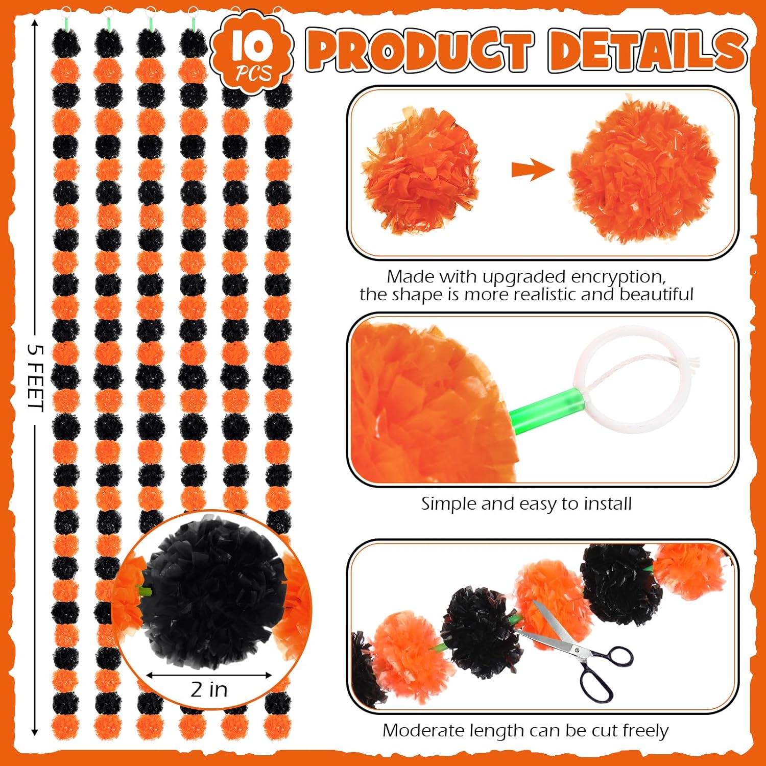Yunsailing Guirnalda de caléndula naranja de 5 pies para el Día de los Muertos, guirnalda de flores artificiales de caléndula para boda, decoración