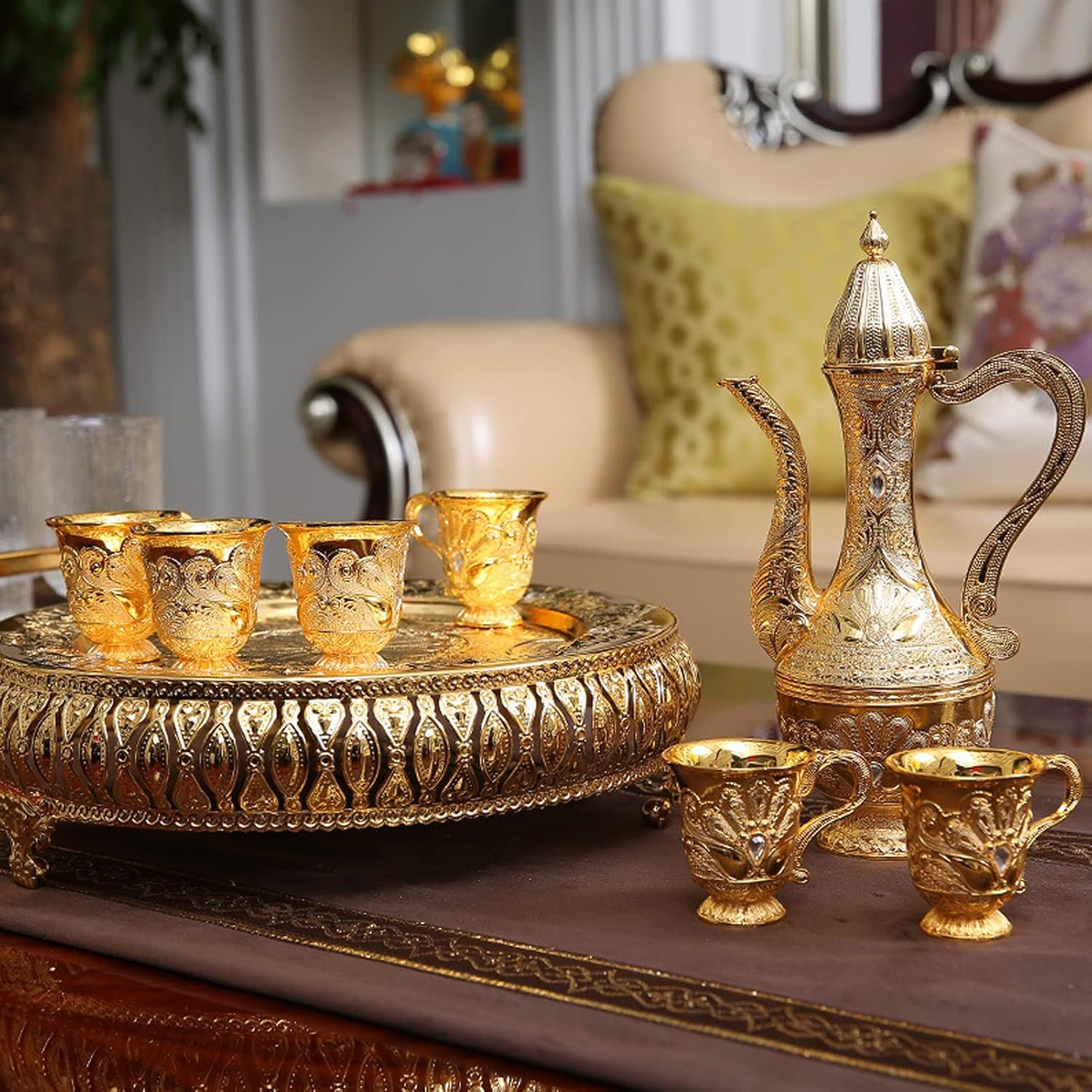 Juego de taza de café turca y tetera que incluye tetera, bandeja de té, 6 tazas de metal, juego de servicio de té para decoración de mesa de té,