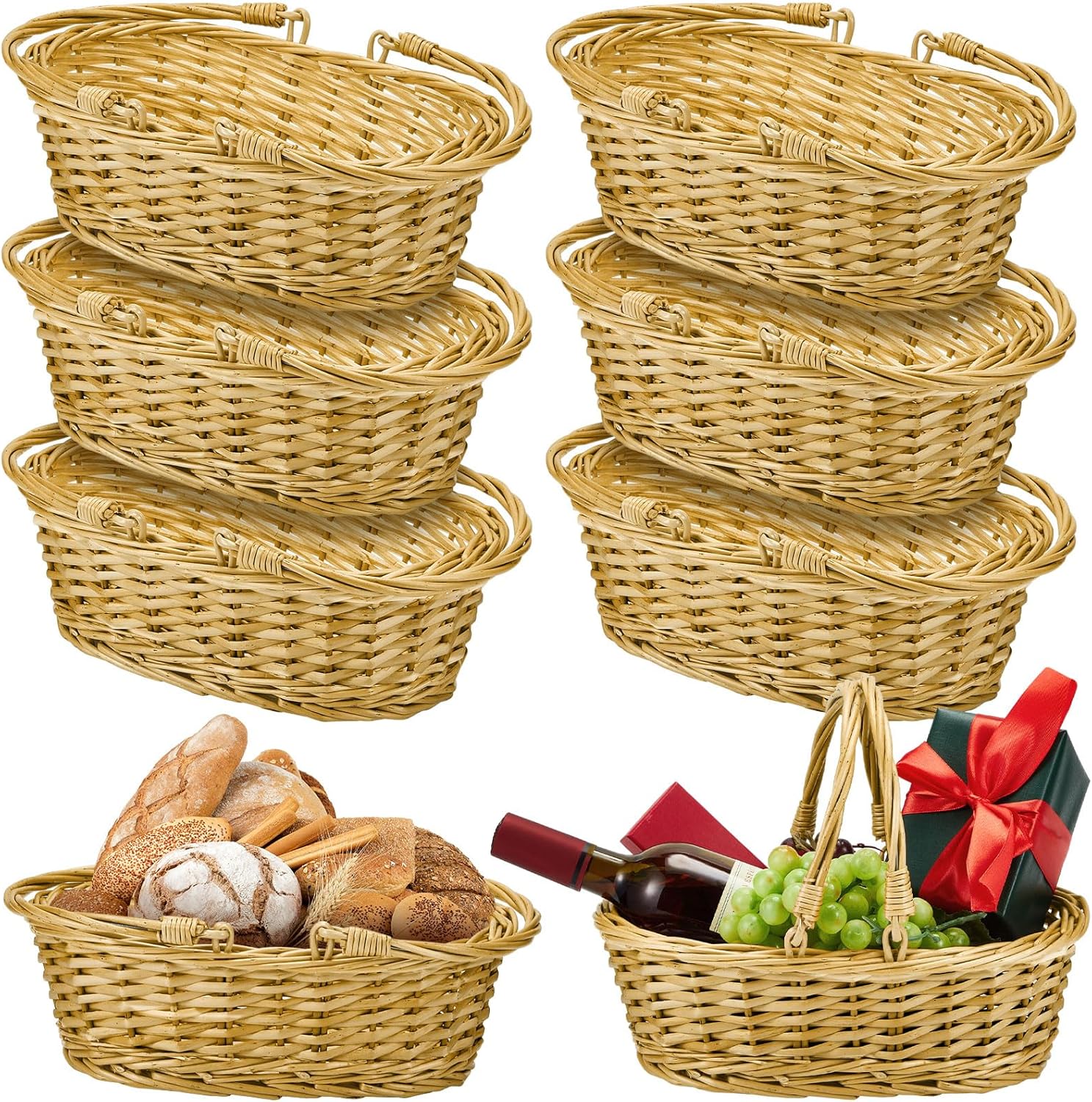 Sintuff 6 cestas de mimbre con asa tejidas para pícnic, cesta ovalada trenzada, cesta de frutas, cesta de cosecha, cesta vacía pequeña para frutas,