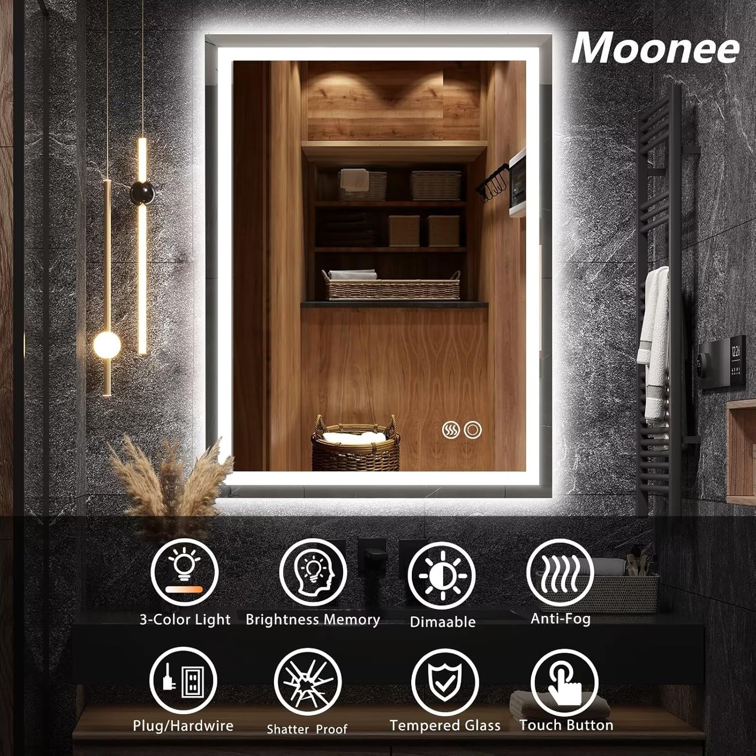 Moonee 24×32 Inch Led Mirror for Bathroom Front Lighted Backlit Vanity Mirror with 3 Colors Dimmable Anti Fog Bathroom Mirror with Led Lights for