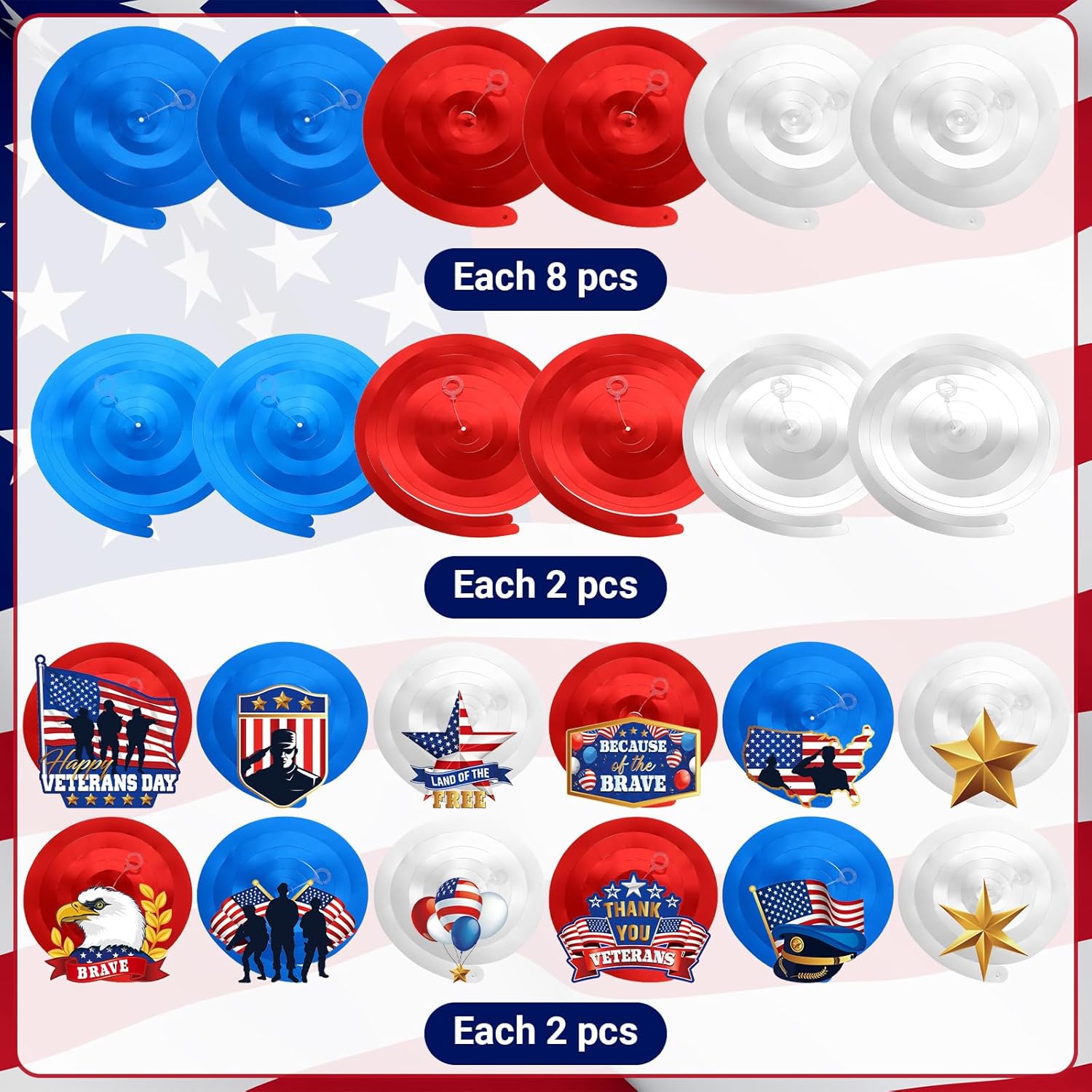 Fulmoon 54 piezas de decoraciones para el Día de los Veteranos de agradecimiento con remolinos colgantes, bandera patriótica, soldado, corrientes de
