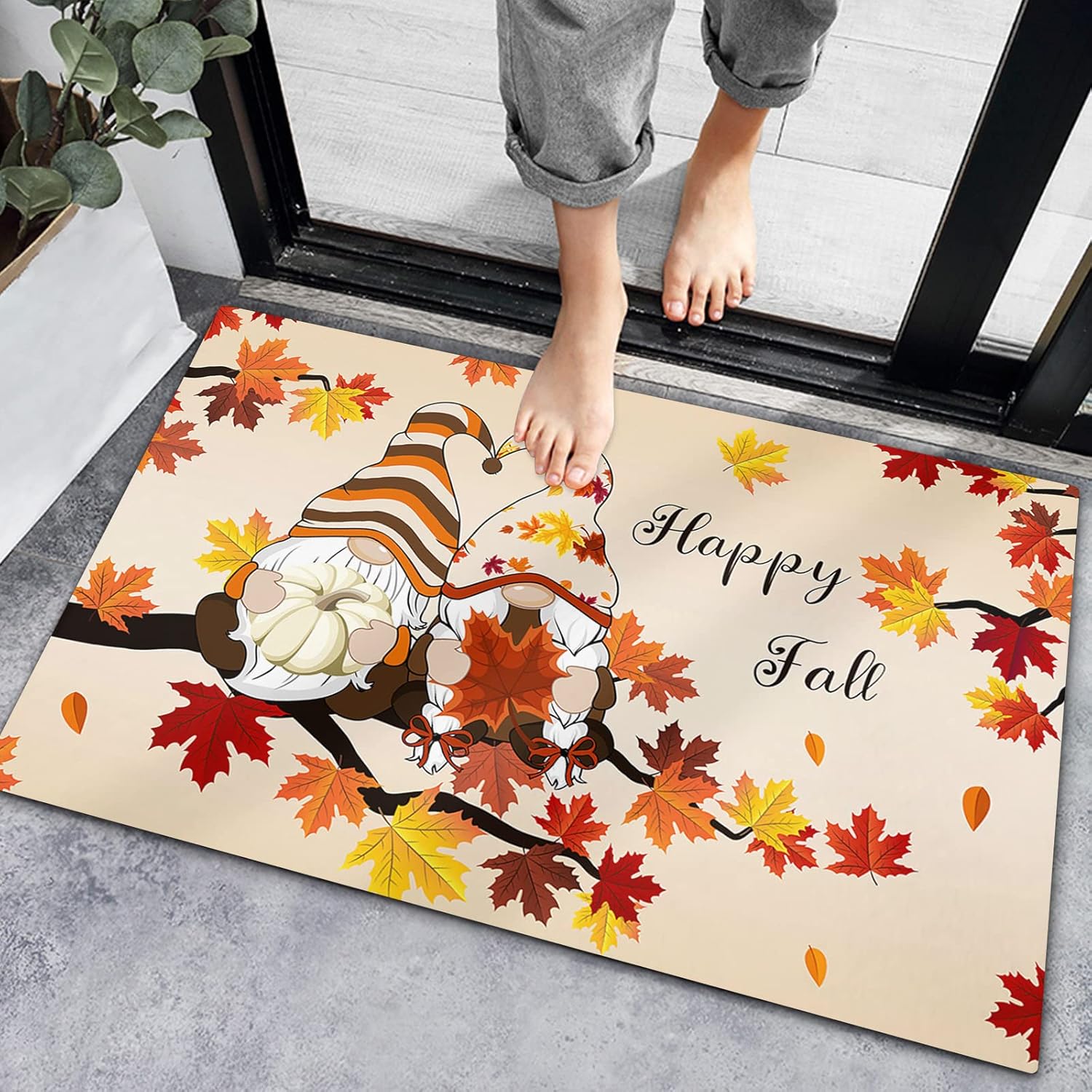 Bath Mat Non-Slip Indoor Doormats, Bath Rugs Fall Dwarf Lover on Tree Branch,Low-Profile Mats Kitchen Carpets for Home Bedroom Entrance Decor Autumn
