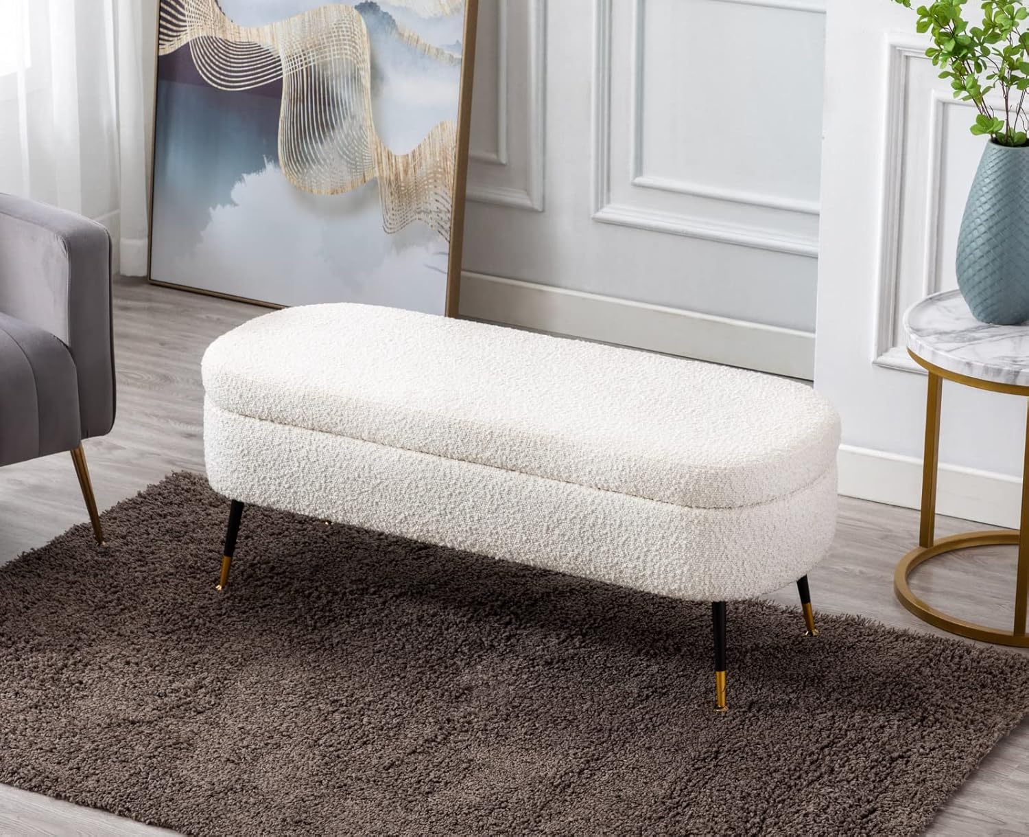 EALSON Banco de almacenamiento moderno para dormitorio, extremo de cama, banco otomano de lana de cordero con patas de metal, banco tapizado para