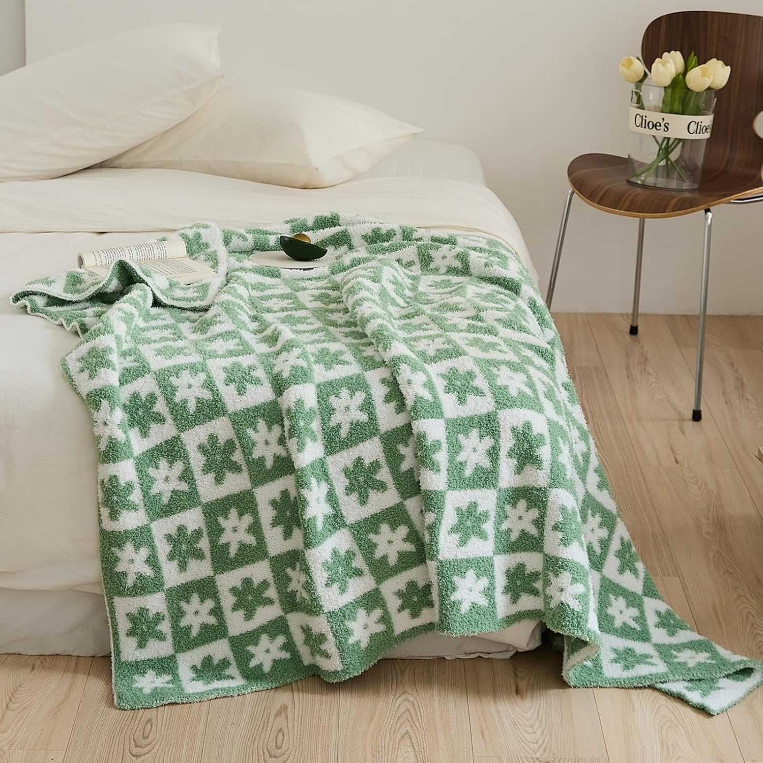 YIRUIO Manta reversible de microfibra a cuadros con estampado de margaritas y margaritas, de microfibra, súper suave, cálida, acogedora, mullida
