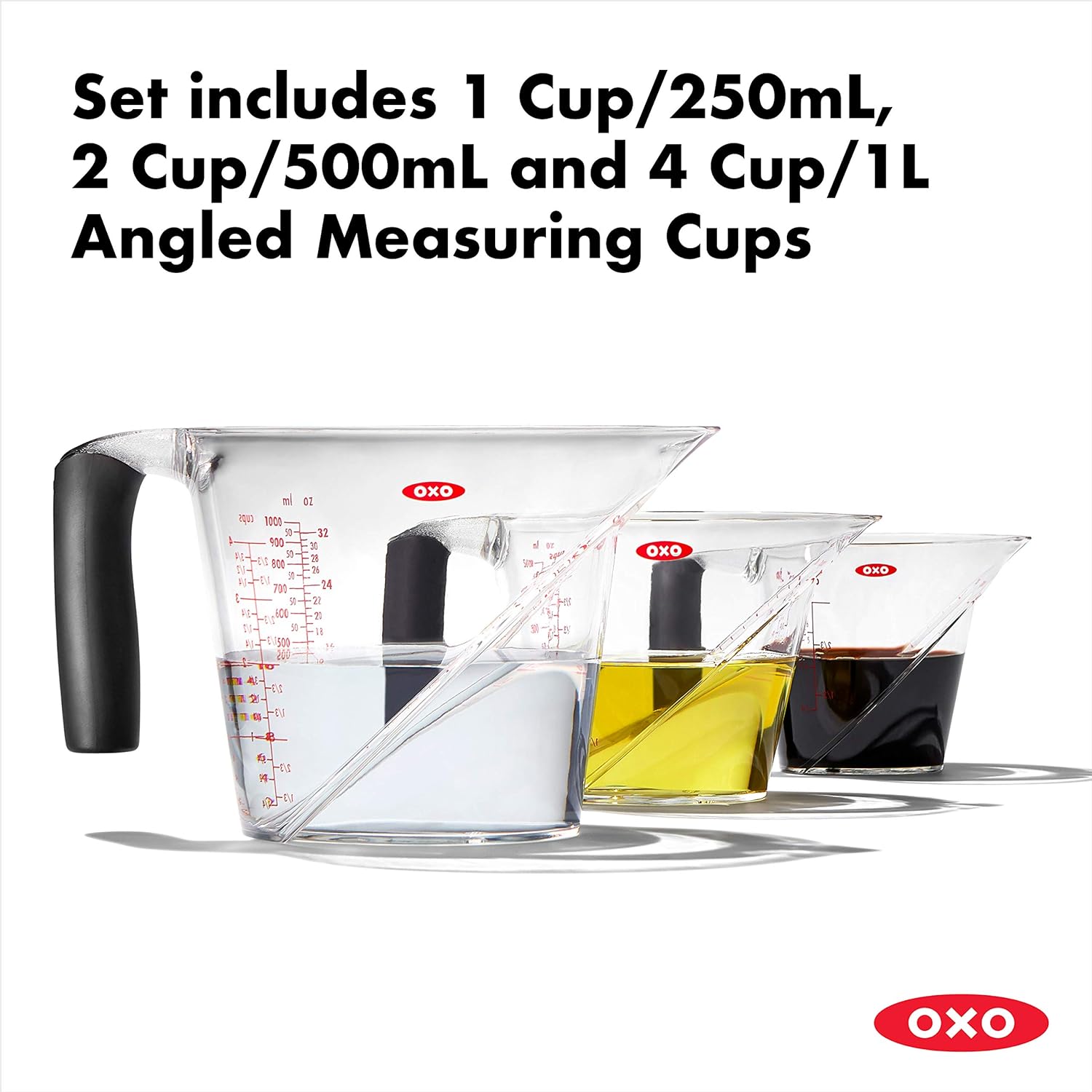 OXO Good Grips – Juego de tazas medidoras en ángulo de 3 piezas y mini taza medidora en ángulo Good Grips