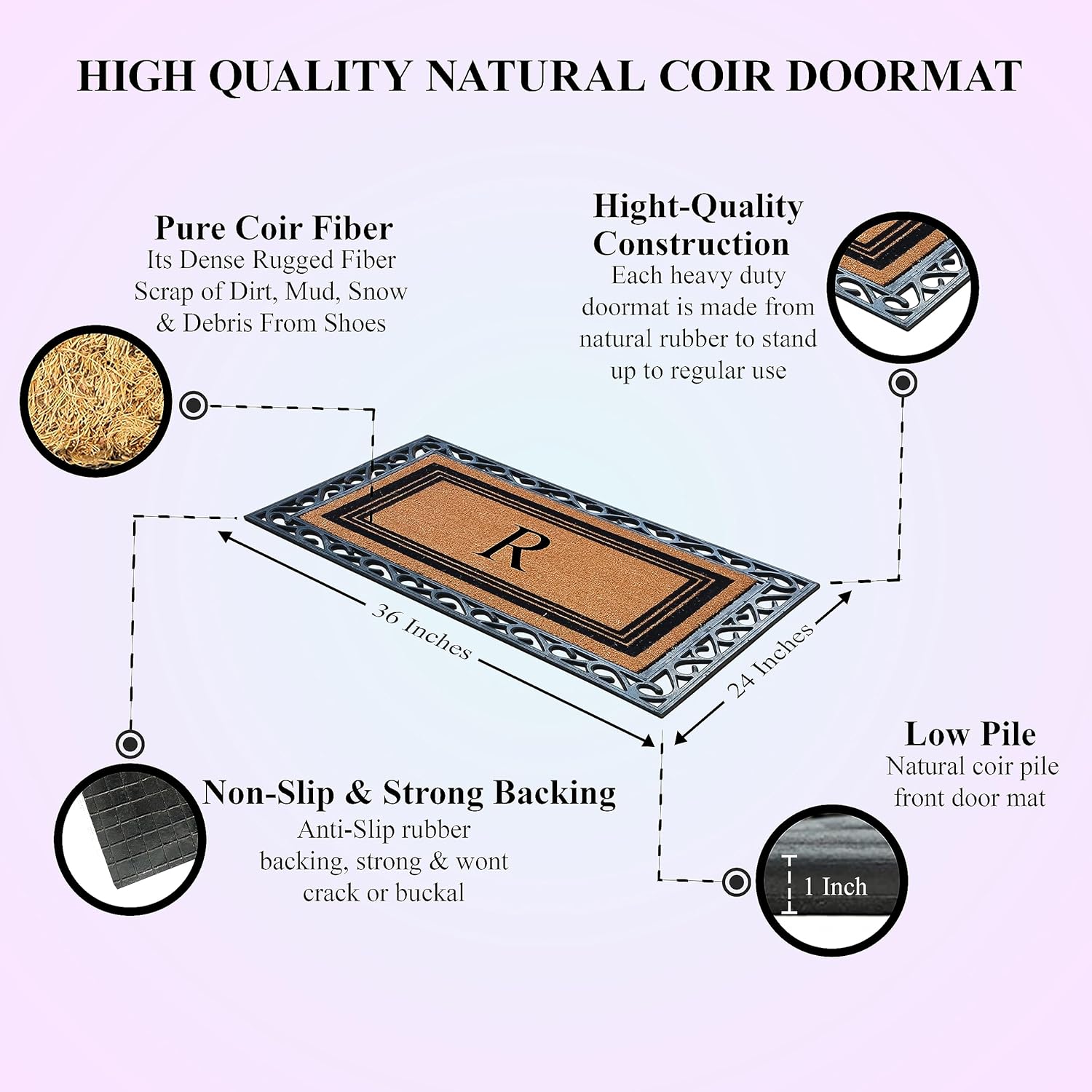 A1HC – Tapete para puerta de entrada con monograma de fibra de coco natural, duradero, grande, antideslizante, felpudo resistente, para puerta