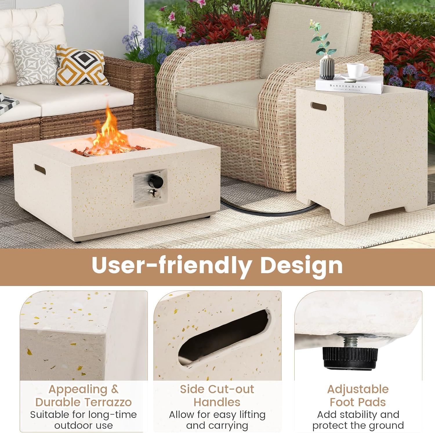 Tangkula Mesa para fogata de propano para patio de 28 pulgadas con soporte para tanque oculto, mesa de fuego de gas terrazo de 40,000 BTU con rocas