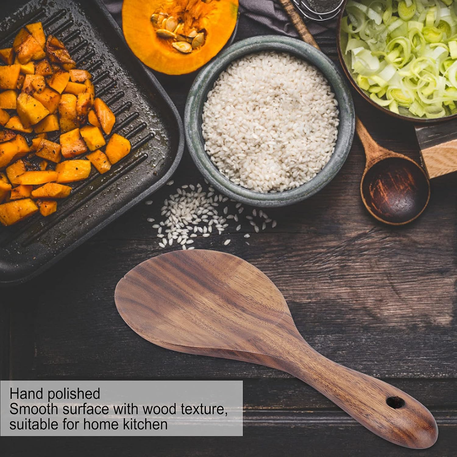 Paleta de arroz, cuchara de paleta de arroz de madera antiadherente con cabeza redonda poco profunda cuchara de madera para servir cuchara de arroz,