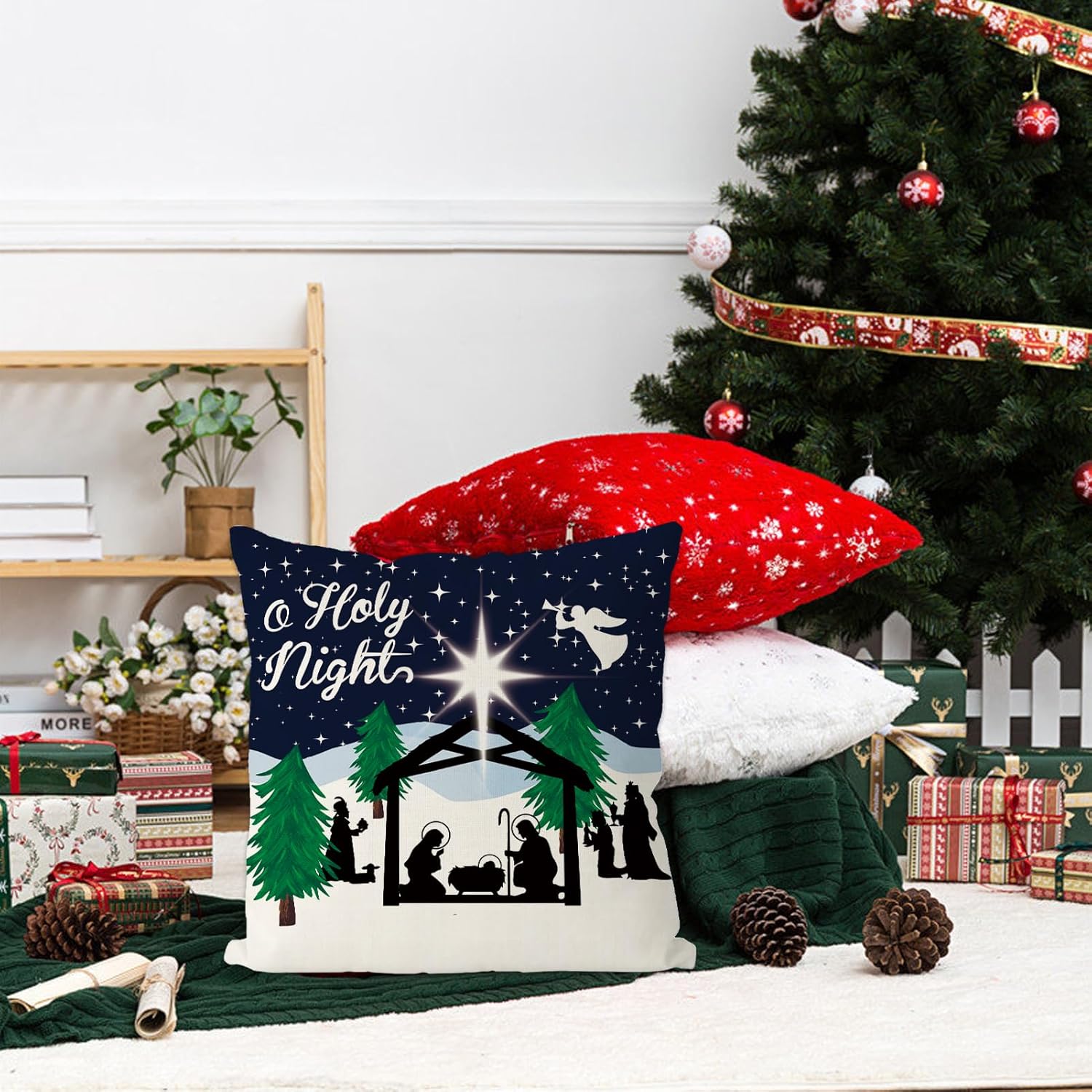 GAGEC Fundas de almohada de Navidad de 18 x 18 pulgadas, fundas de almohada de escena de nieve de Jesús, fundas de almohada de Navidad, invierno,