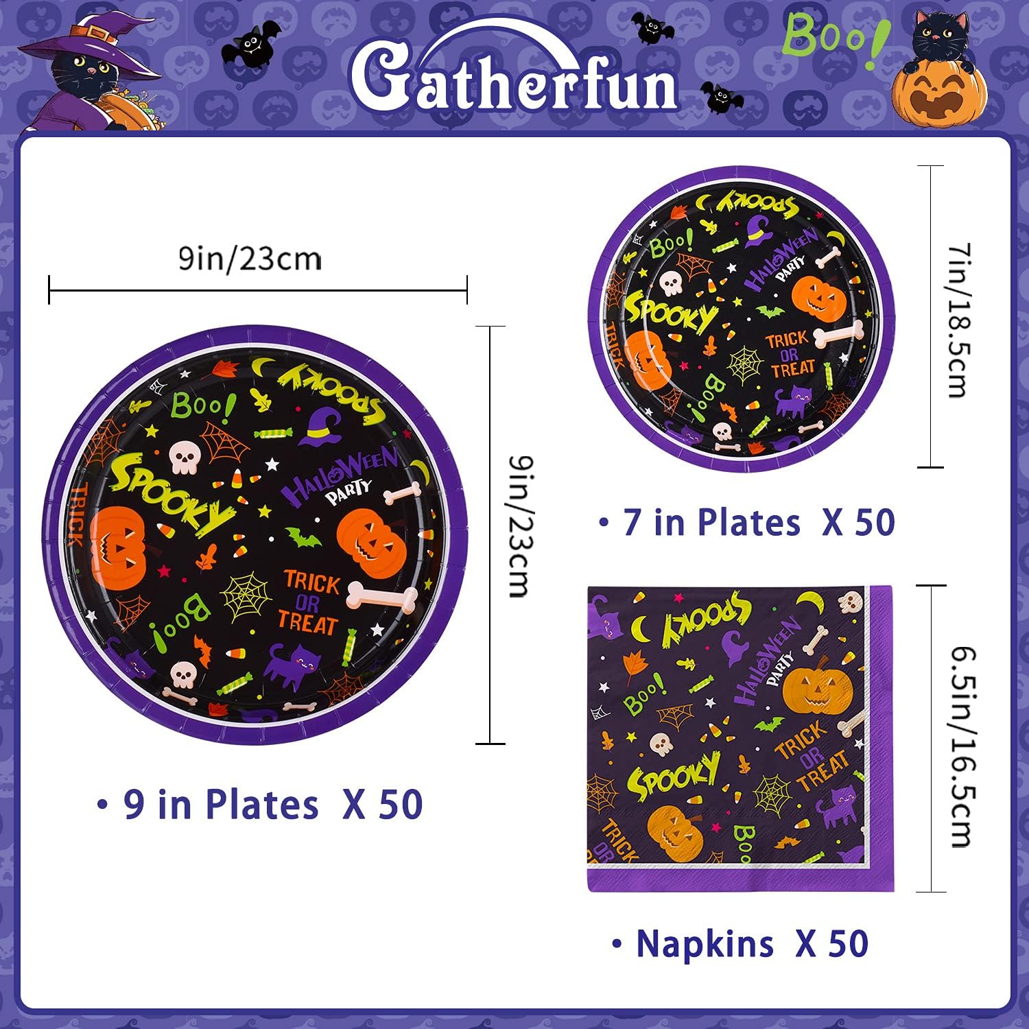 Gatherfun Suministros de fiesta de Halloween, platos de papel desechables, servilletas para decoraciones espeluznantes de fiesta de Halloween,