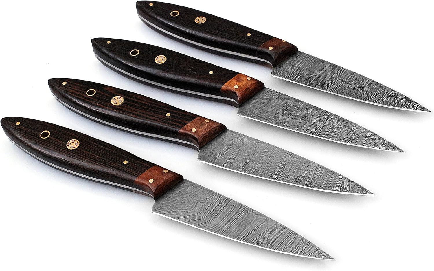 Juego de cuchillos de carne hechos a mano de acero de Damasco – Juego de 4 cuchillos para carne con mango de madera de Pakka (madera de wengué negro)