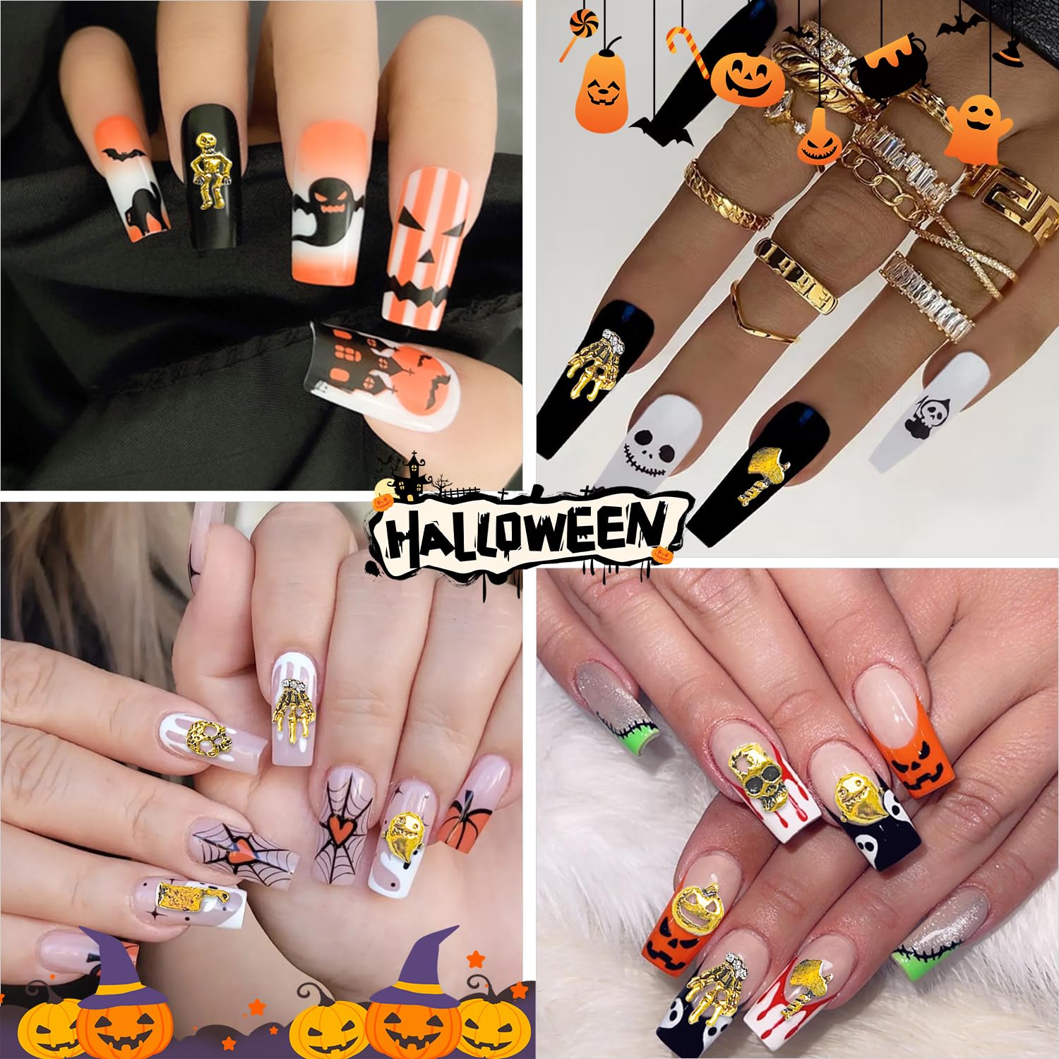 SILPECWEE 100 dijes de uñas de Halloween 3D con parte trasera plana, joyas de uñas retro de calabaza dorada y calavera para uñas, diseño de clavos