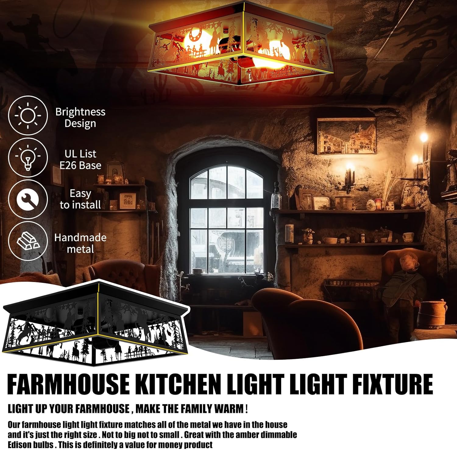 Lámpara de techo de montaje empotrado para cabaña, 2 lámparas rústicas para cocina, dormitorio, sala de estar, porche, iluminación de entrada,