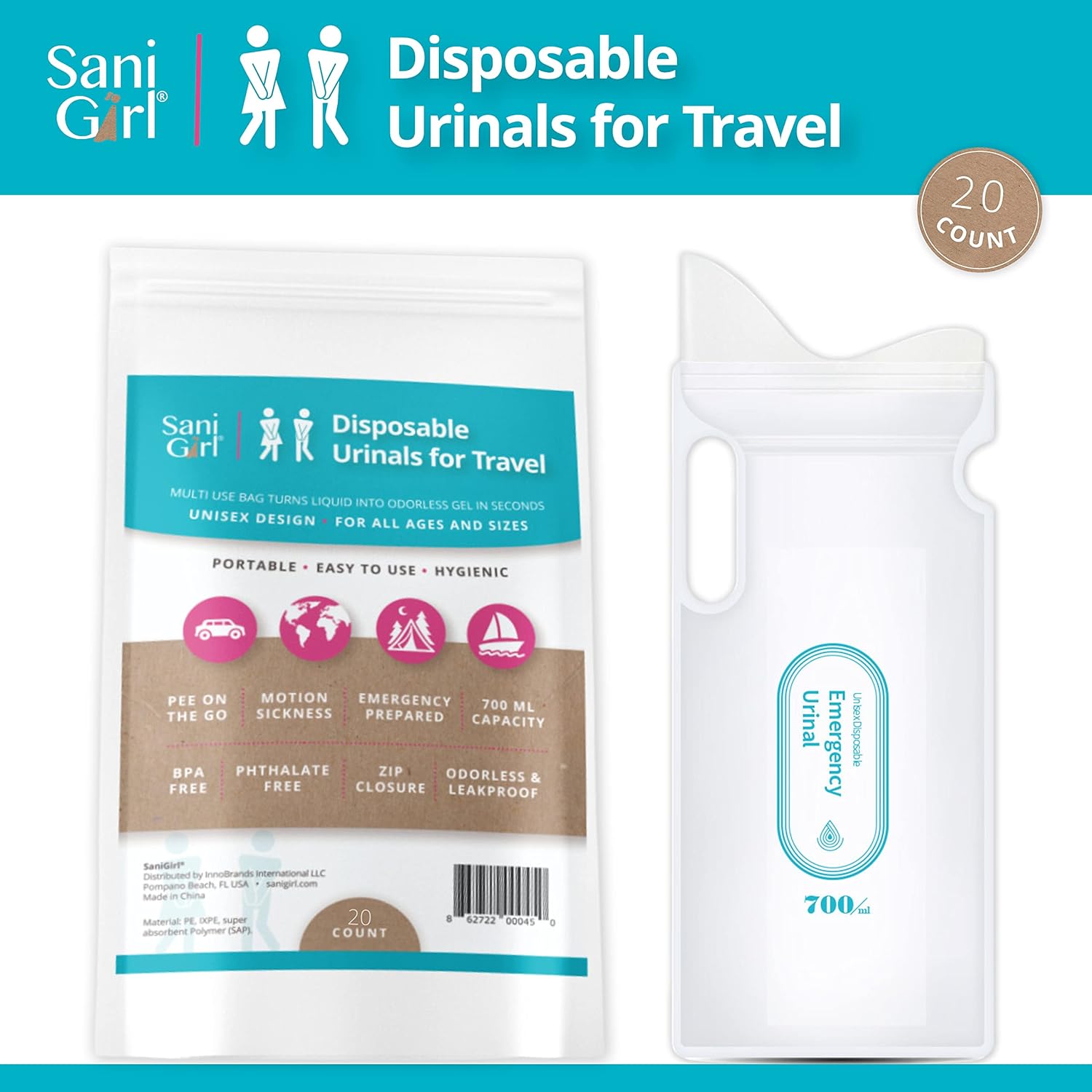 SaniGirl Urinario femenino  Bolsas desechables para orinar para viajes para mujeres, hombres, niños, urinario de emergencia, sanitario, viajes,