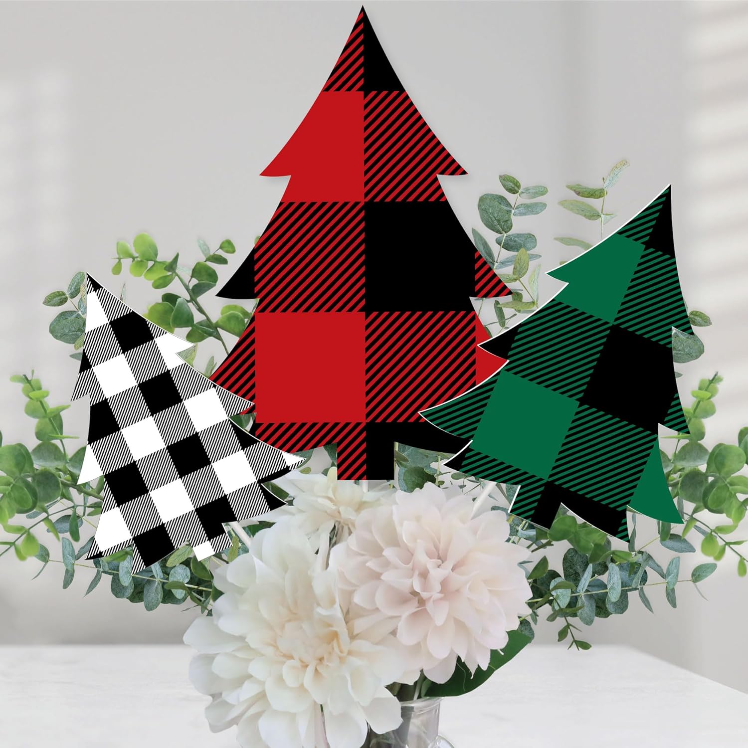 Big Dot of Happiness Holiday Plaid Trees – Palitos de centro de mesa de fiesta de Navidad a cuadros de búfalo – Juego de 15