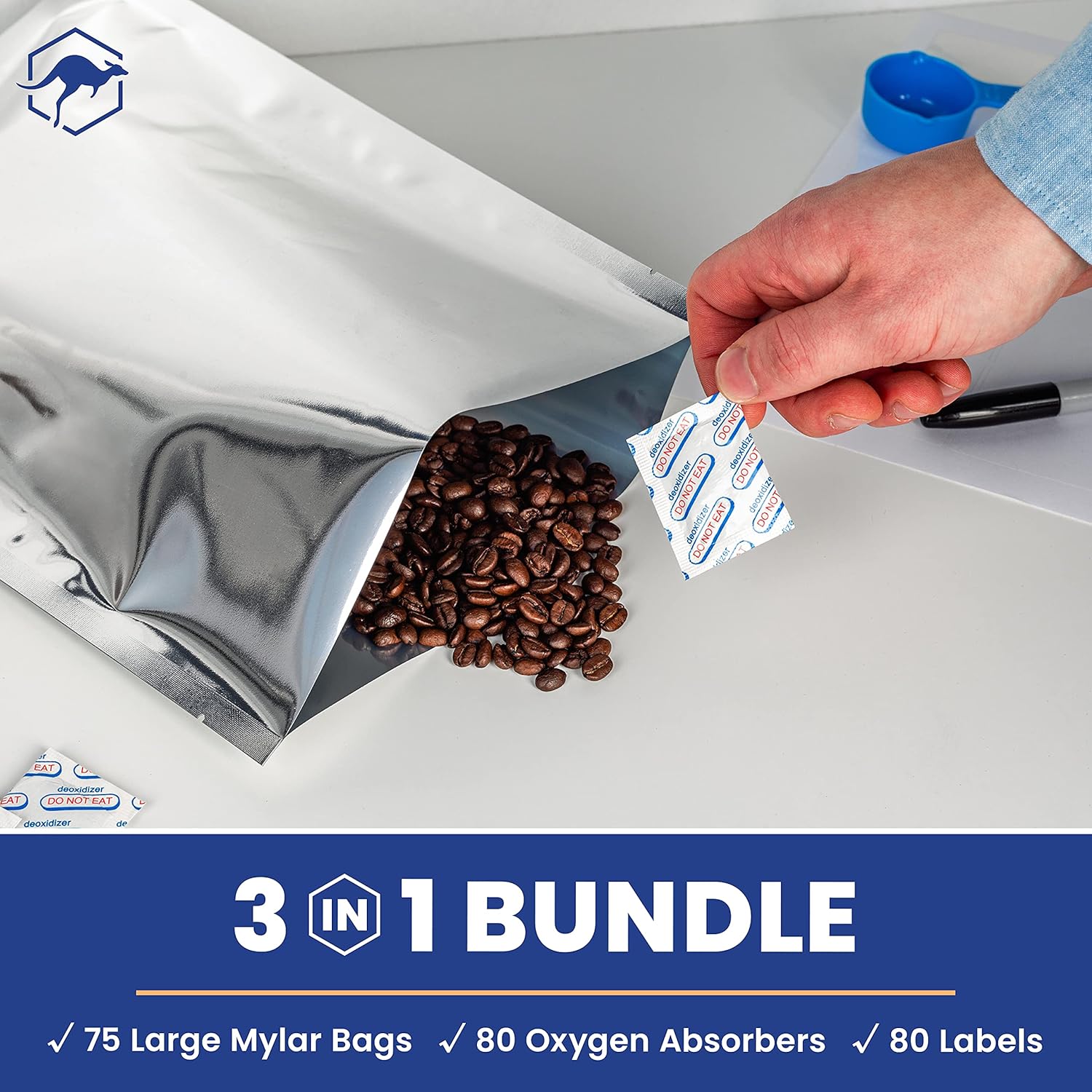 Wallaby – Paquete de 75 bolsas Mylar de 1 galón (5 mil, 10 x 14 pulgadas), 80 absorbentes de oxígeno de 400 cc, 80 etiquetas, sellables con calor,