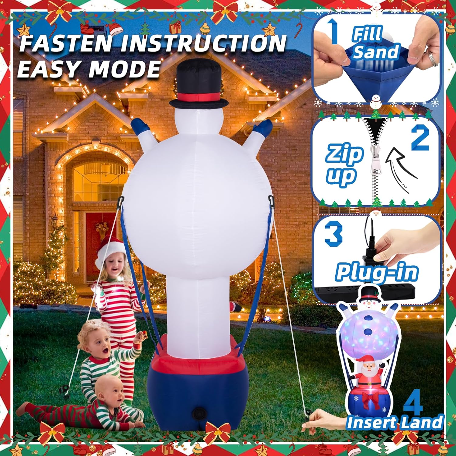 Decoración inflable de Navidad de 8 pies  Globo de aire caliente con muñeco de nieve con Papá Noel inflables de Navidad integrados en LED de arco