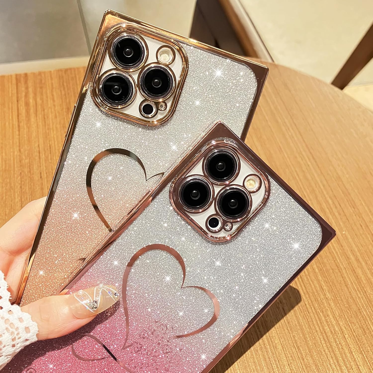 Funda para iPhone 12 Pro Max Gardient con purpurina, cubierta cuadrada brillante con bonito corazón chapado para mujeres y niñas, protección de