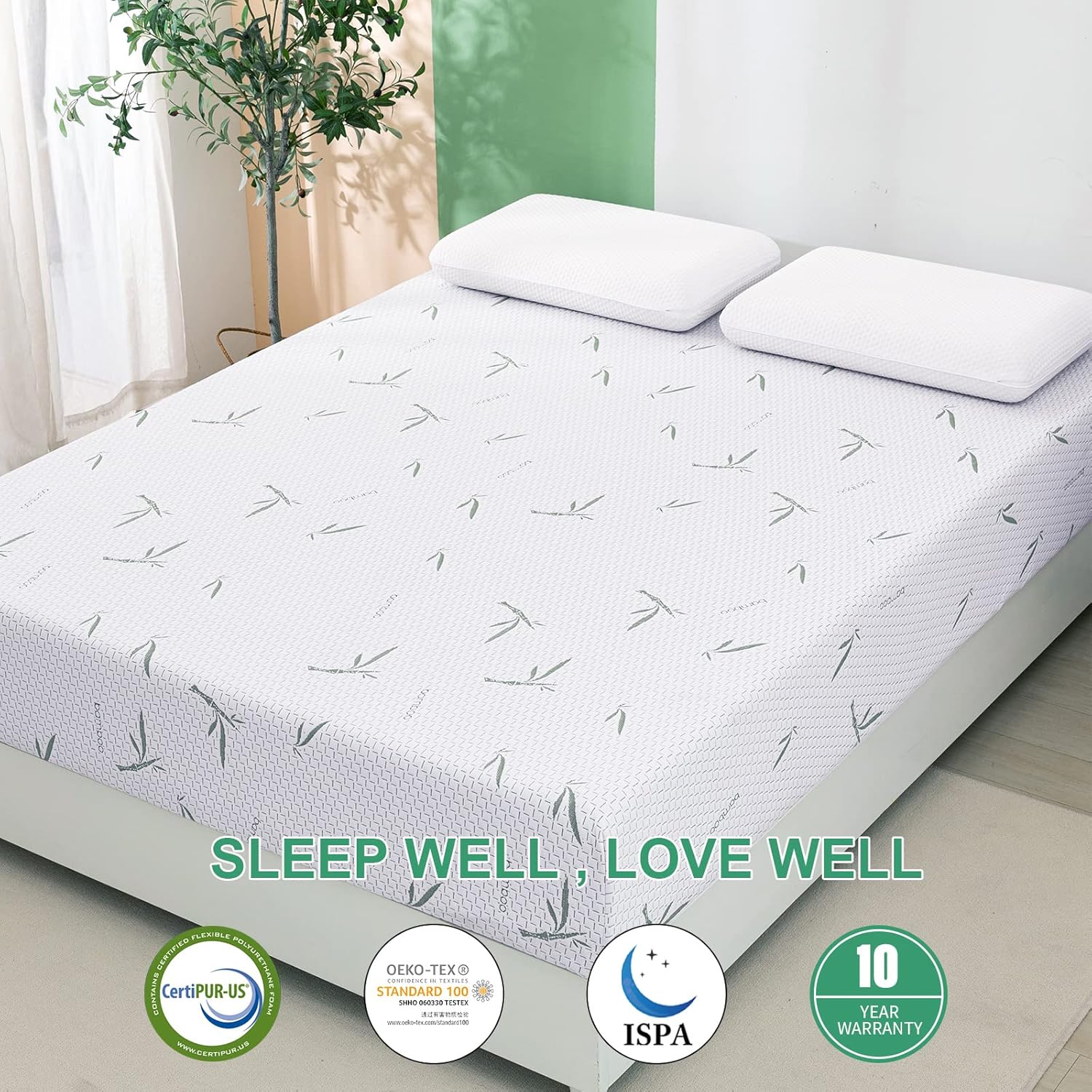 MUUEGM Colchón individual XL de 10 pulgadas, colchón de espuma viscoelástica de gel de té verde refrescante con funda de bambú, colchón en una caja,
