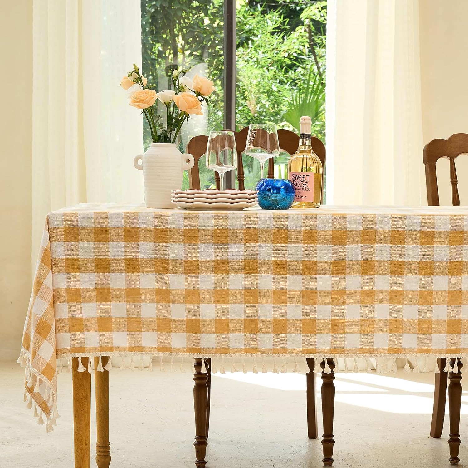 Mantel rectangular rectangular a cuadros de búfalo para primavera, verano, picnic, cocina, comedor (55 x 70 pulgadas, amarillo y blanco)