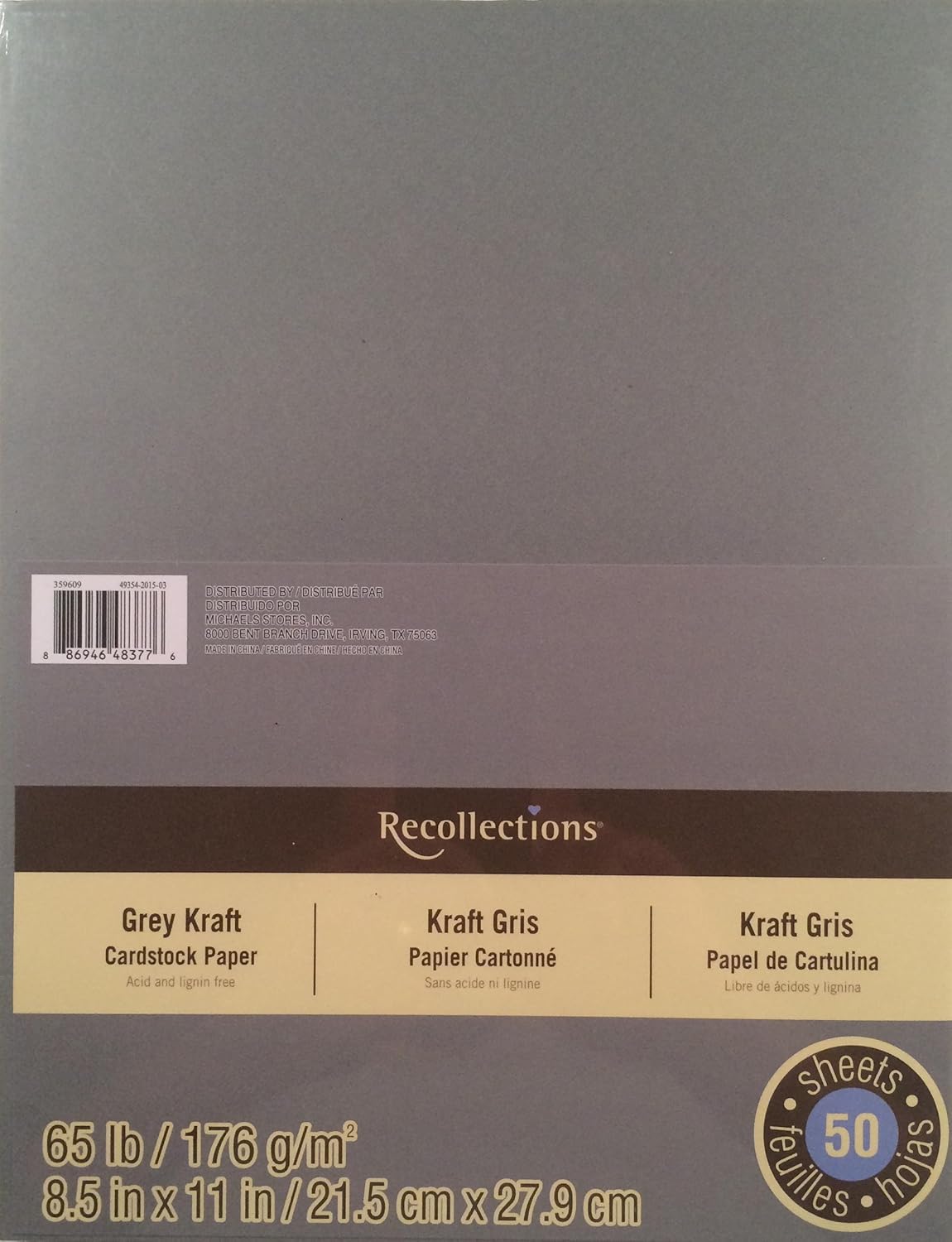 Recollections Paquete de papel de cartulina Kraft gris 8.5×11-50 hojas