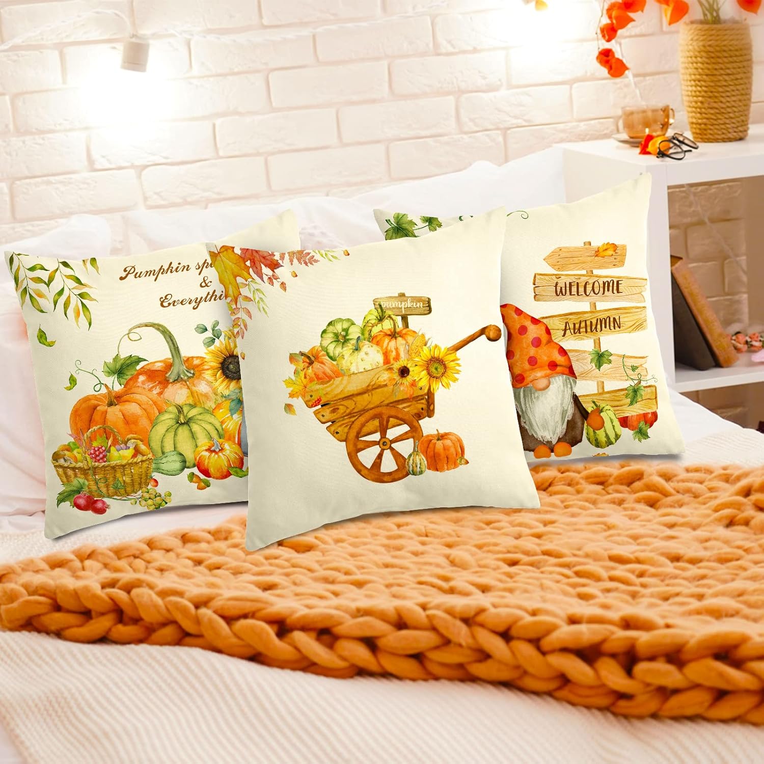 Paquete de 6 fundas de almohada de otoño de 18 x 18 pulgadas, fundas de almohada de cosecha de calabaza, hojas de arce, calabaza, bicicleta, camión,