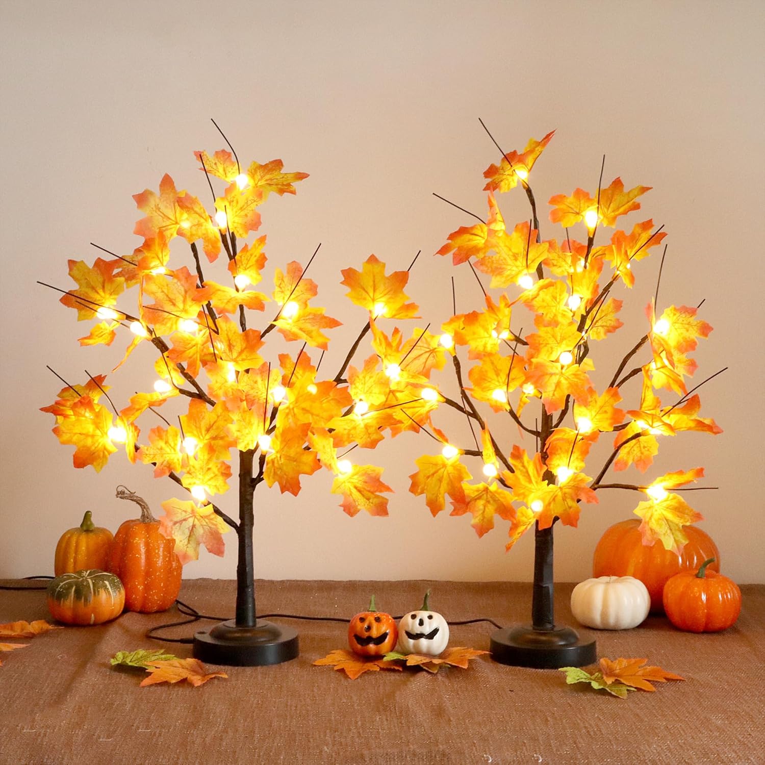 Lámpara LED de árbol de arce, paquete de 2 árboles de otoño iluminados de 24 pulgadas para decoración de Acción de Gracias, 8 modos de iluminación