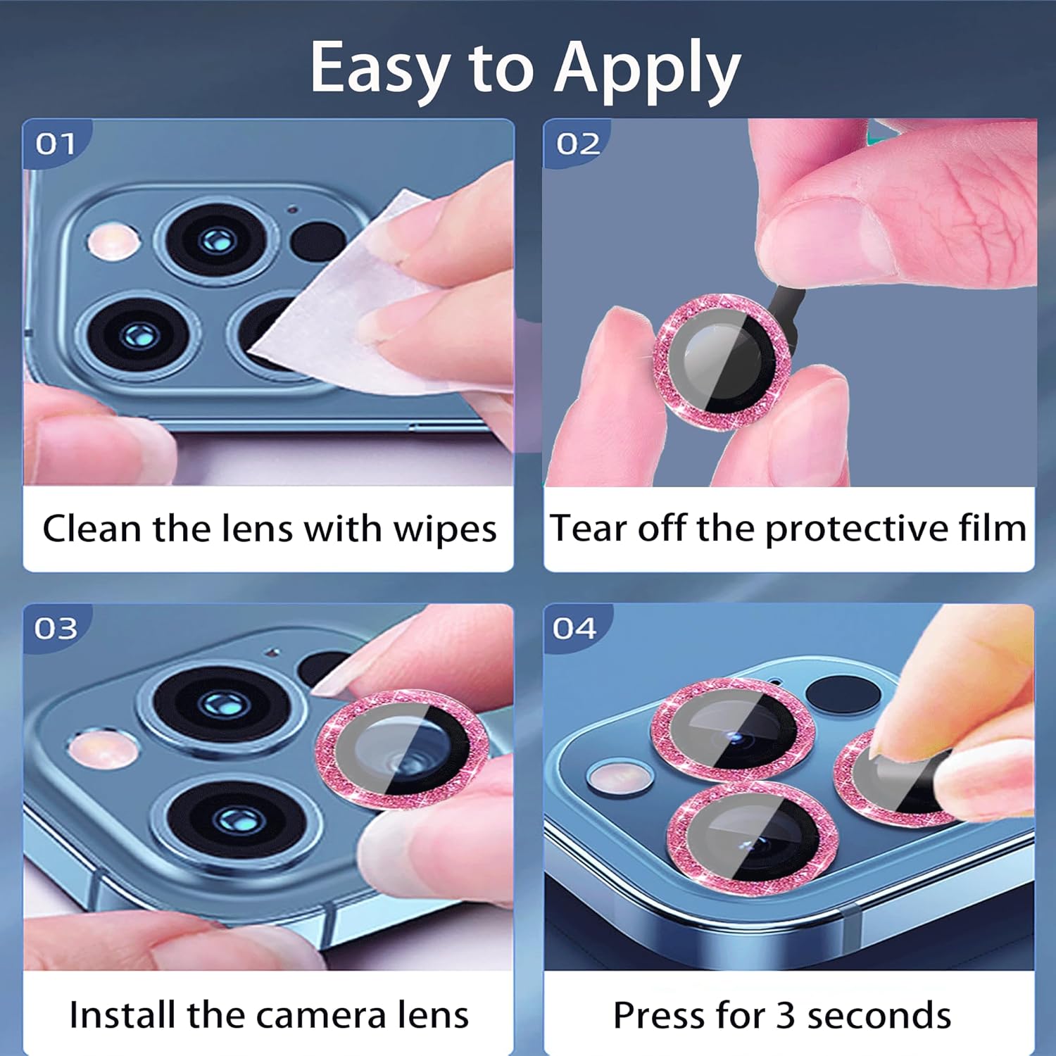 3+1 compatible con iPhone 13 Pro y iPhone 13 Pro Max, protector de lente de cámara con purpurina brillante, cubierta de cámara de vidrio templado,