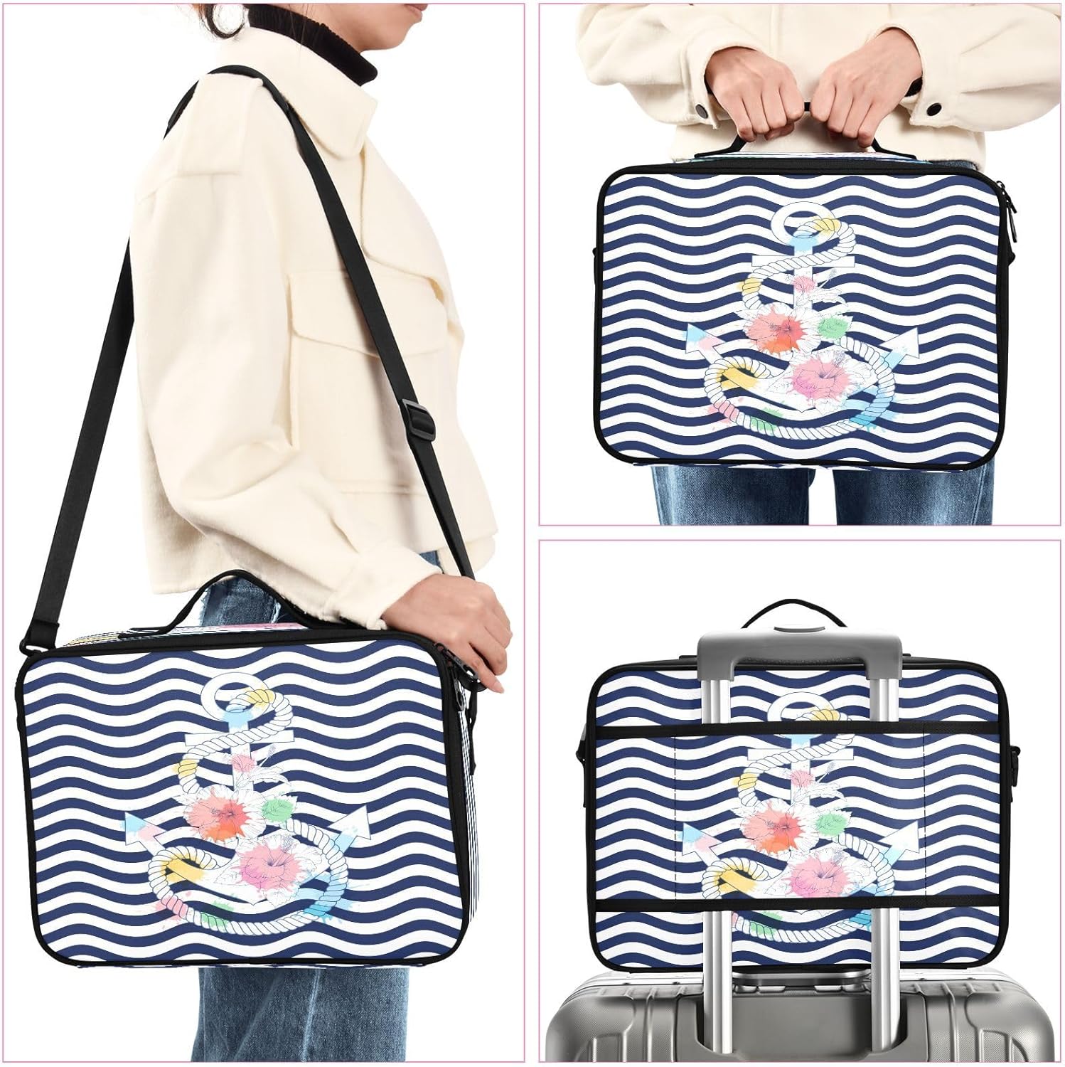 Ancla y flores onduladas de color azul marino a rayas con capacidad de viaje, bolsa de maquillaje de viaje, bolsa de maquillaje para mujer, bolsos