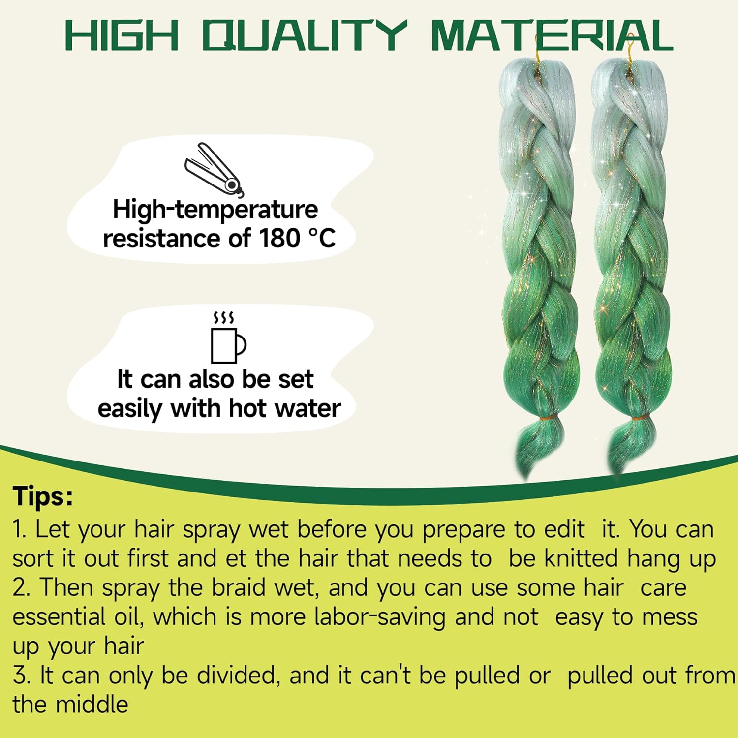 2 extensiones de cabello para trenzas, cabello trenzado ombré, extensión de cabello de oropel brillante, cabello trenzado de 24 pulgadas,