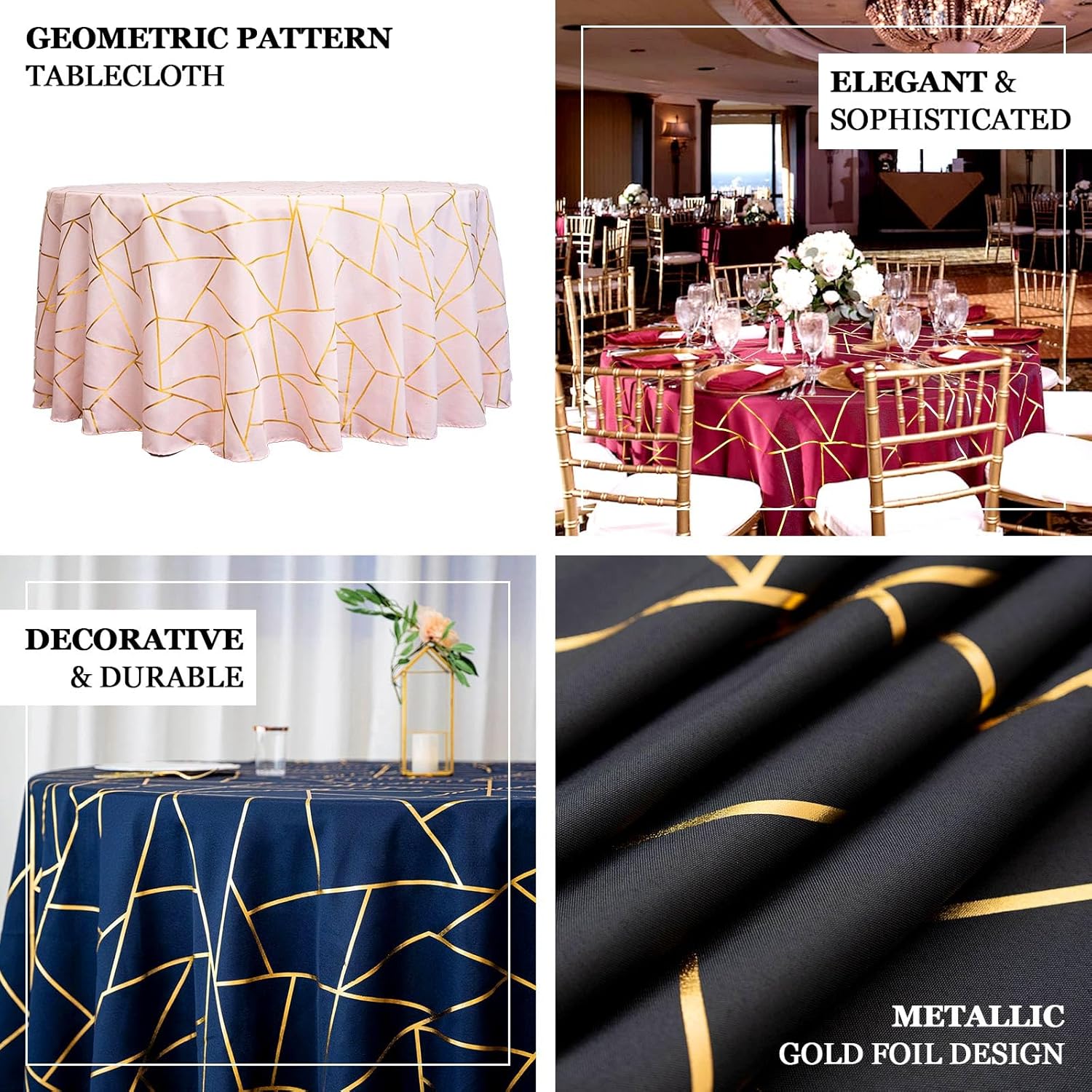 Efavormart – Mantel redondo de poliéster de 120 pulgadas, color azul marino con patrón geométrico dorado