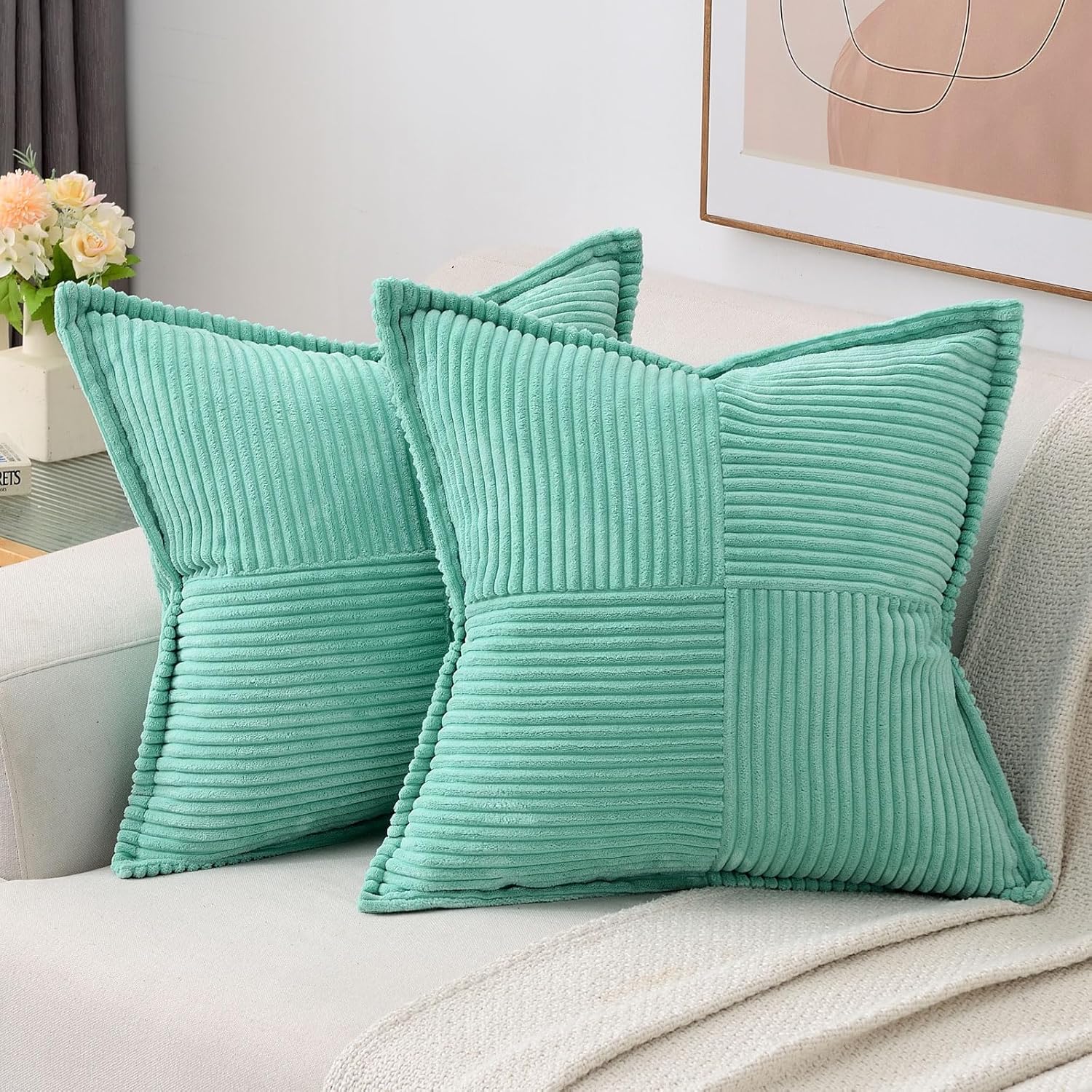 Juego de 2 fundas de almohada decorativas color turquesa de 24 x 24 pulgadas, fundas de cojín de pana suave y sólida, fundas de almohada cuadradas