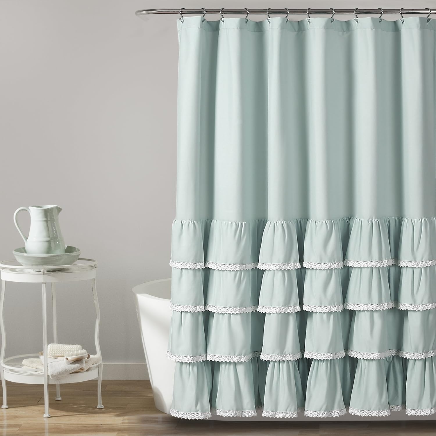Lush Decor, Cortina de ducha con volantes de encaje azul Ella de 72 x 72 pulgadas
