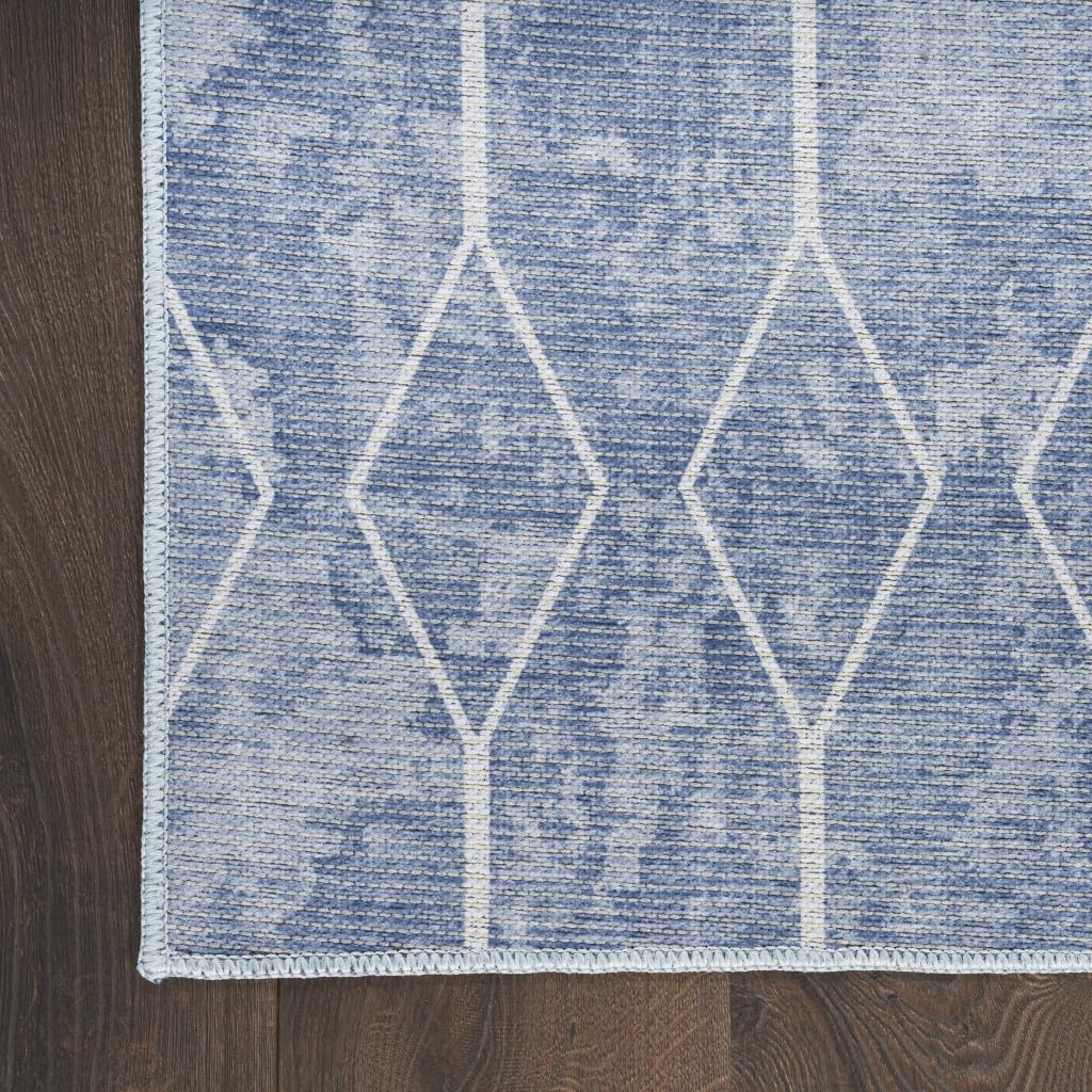 Alfombra lavable con telar eléctrico geométrico azul y blanco de 10 pies