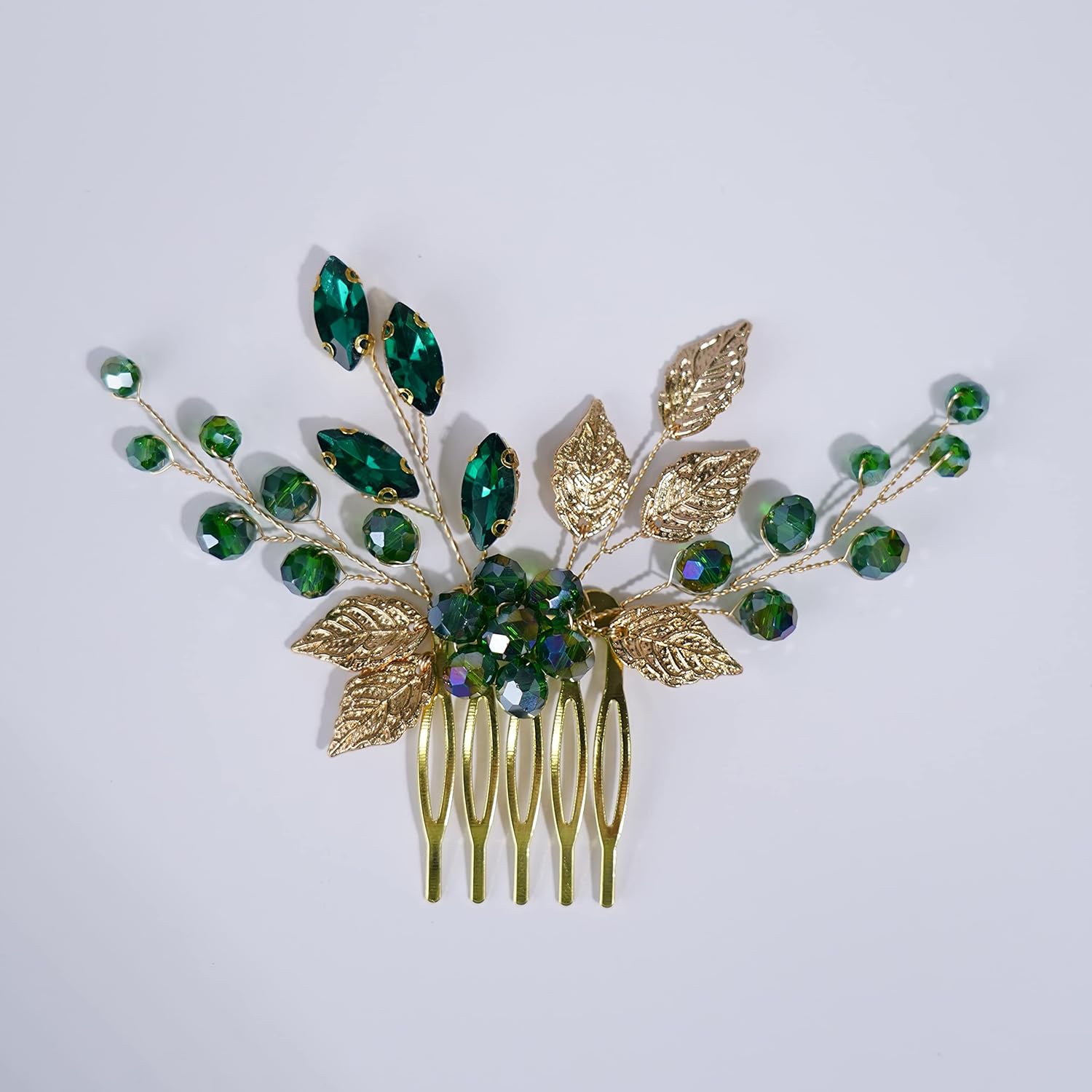 Teyglen Peines de pelo dorados para boda, con diamantes de imitación de flores verdes, peine lateral de cristal, vintage, hojas de cristal,