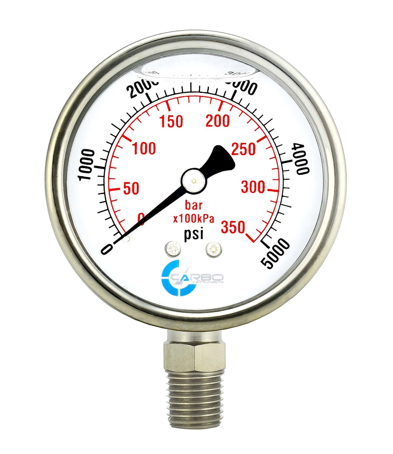 Medidor de presión de acero inoxidable con doble pantalla (0-5000 psikPa)  2 1-2 pulgadas de glicerina llenado de líquido, agua, aire, aceite y gas