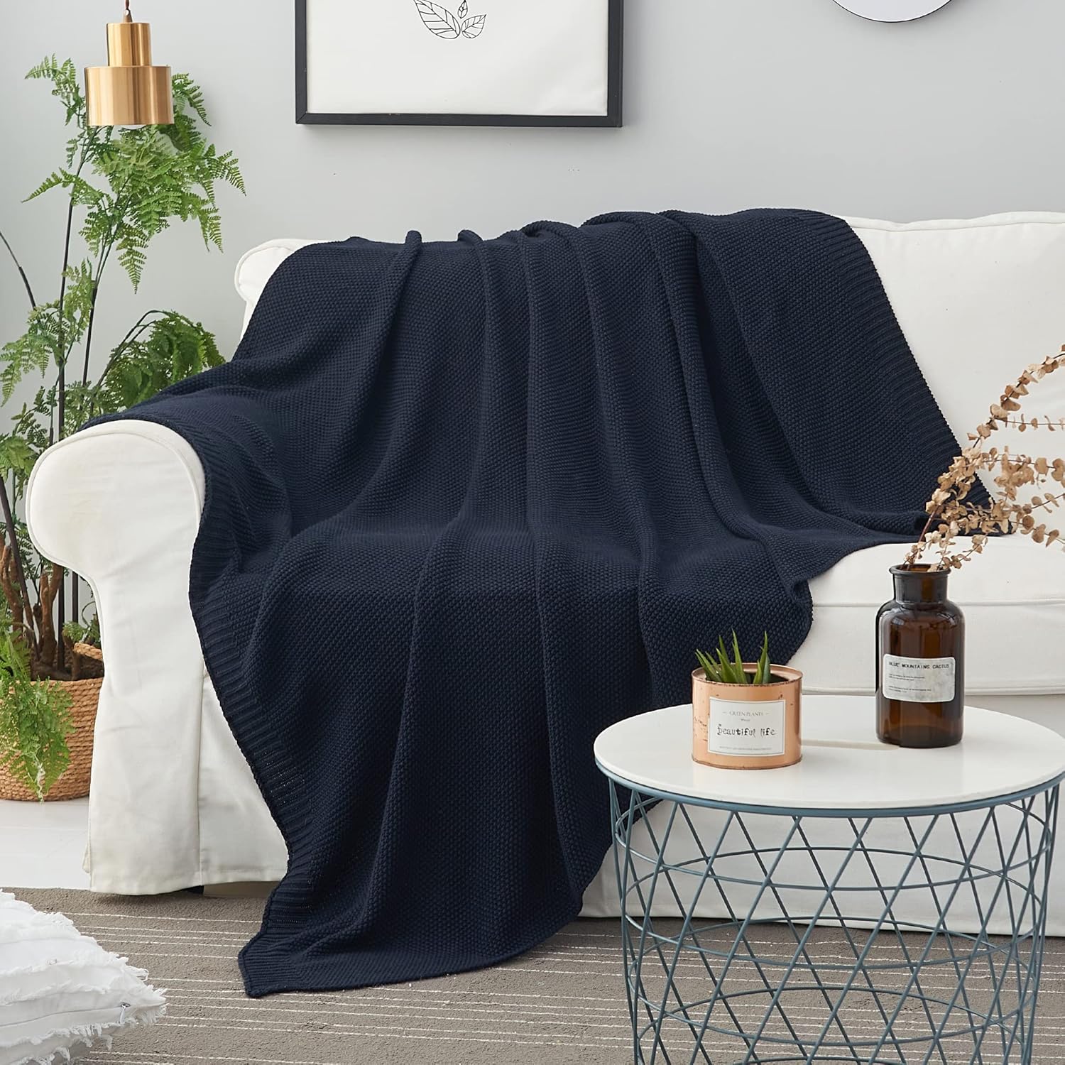 Longhui bedding Manta de punto trenzado de algodón azul marino oscuro para sofá, cama, manta ligera decorativa para el hogar, bolsa de lavado