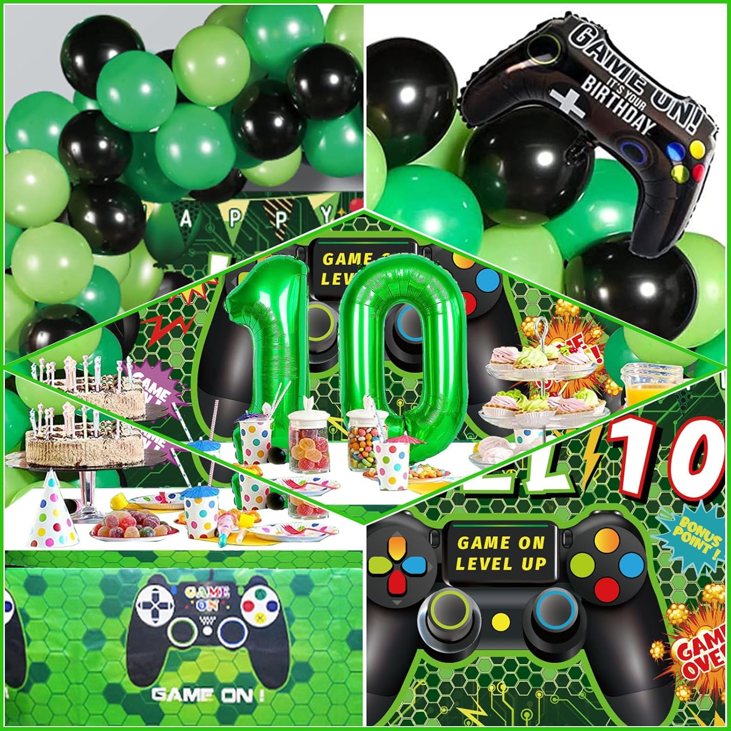 Vlipoeasn Juego de 90 decoraciones de fiesta de videojuegos de cumpleaños número 10 para niños, suministros verdes de 10 cumpleaños, telón de fondo