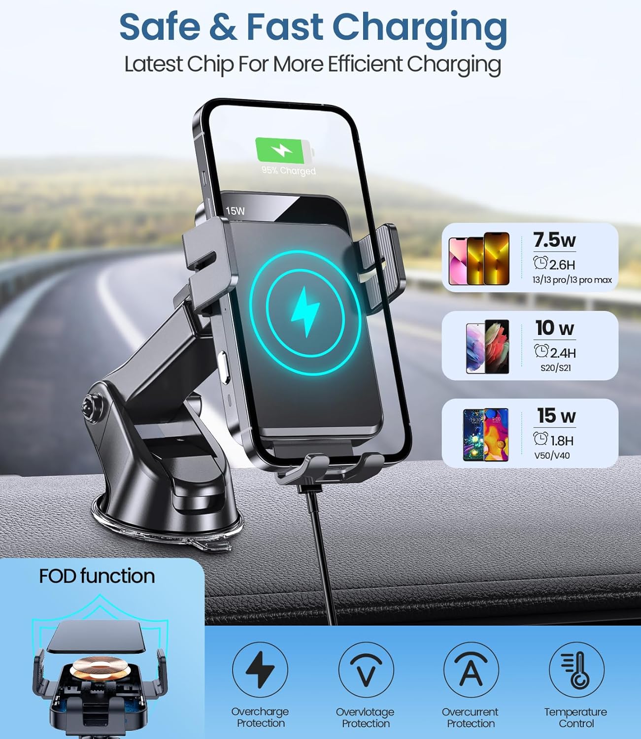 MOKPR – Cargador inalámbrico para automóvil, soporte de brazo largo 3 en 1 para automóvil, 15 W, sujeción automática, para salpicadero, parabrisas,