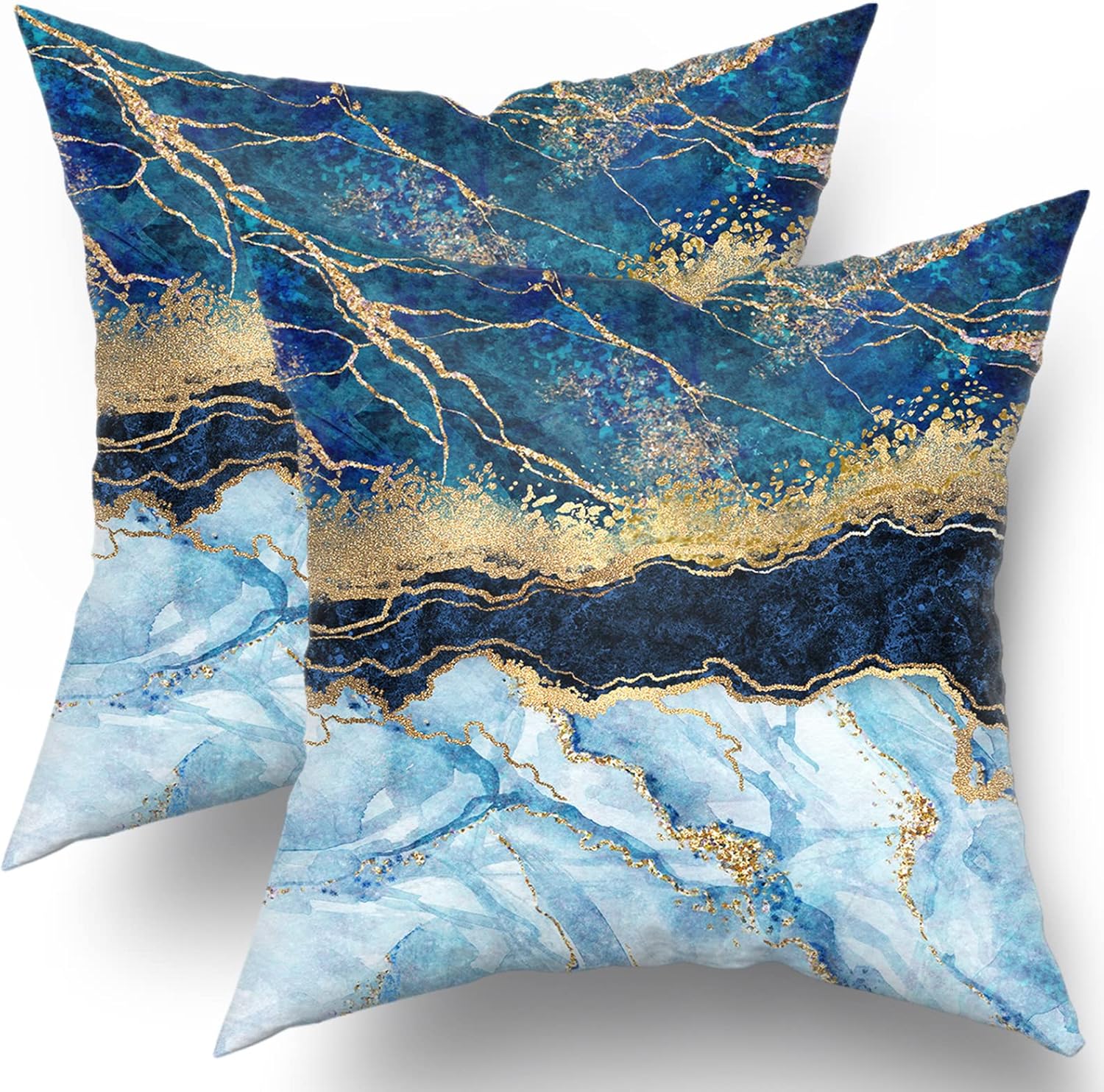 Kawani Juego de 2 fundas de almohada azul marino de 18 x 18 pulgadas, fundas de almohada de mármol abstracto dorado y verde azulado, turquesa,