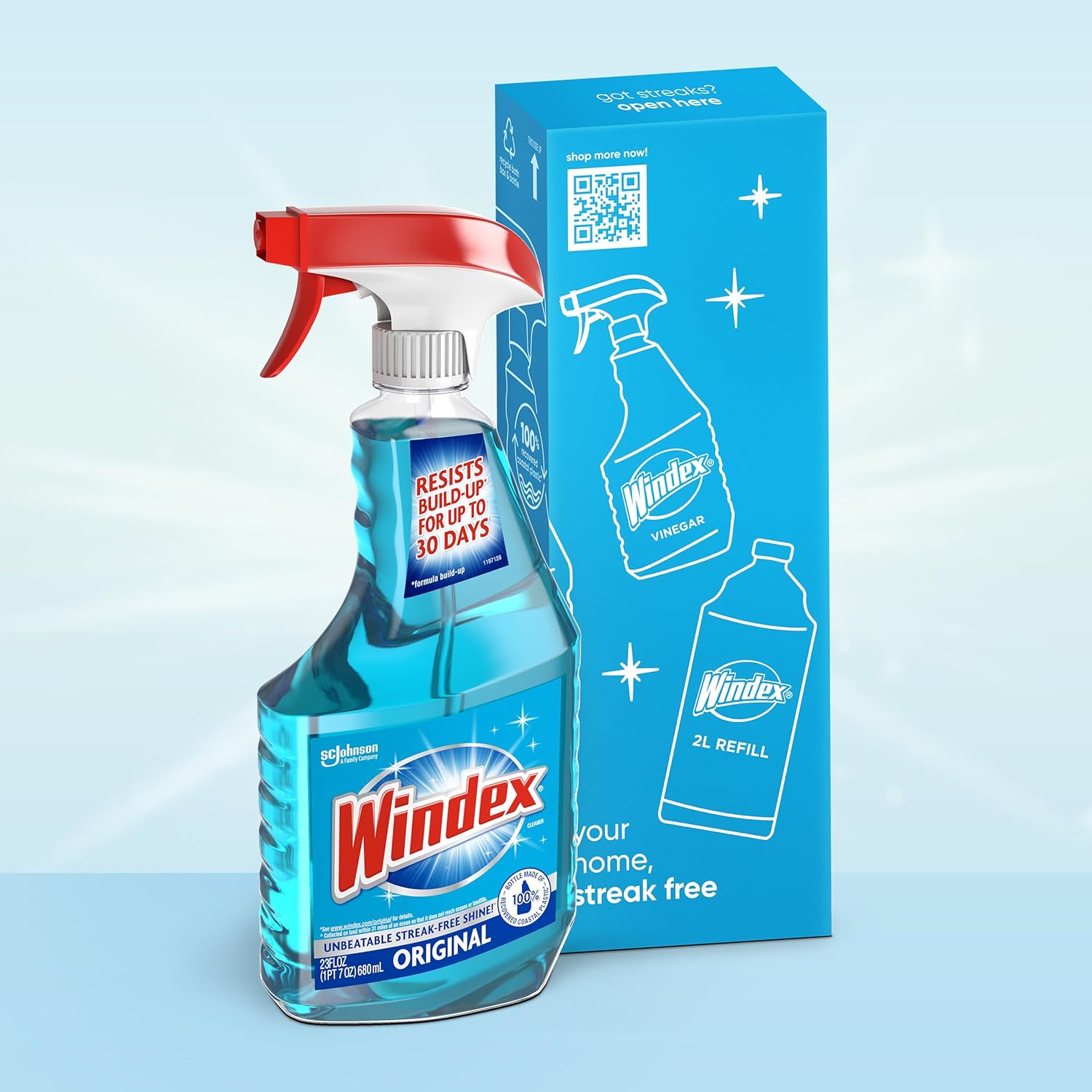 Windex Botella de spray limpiador de vidrio y ventanas, nuevo embalaje diseñado para evitar fugas y roturas, color azul original, 23 onzas líquidas