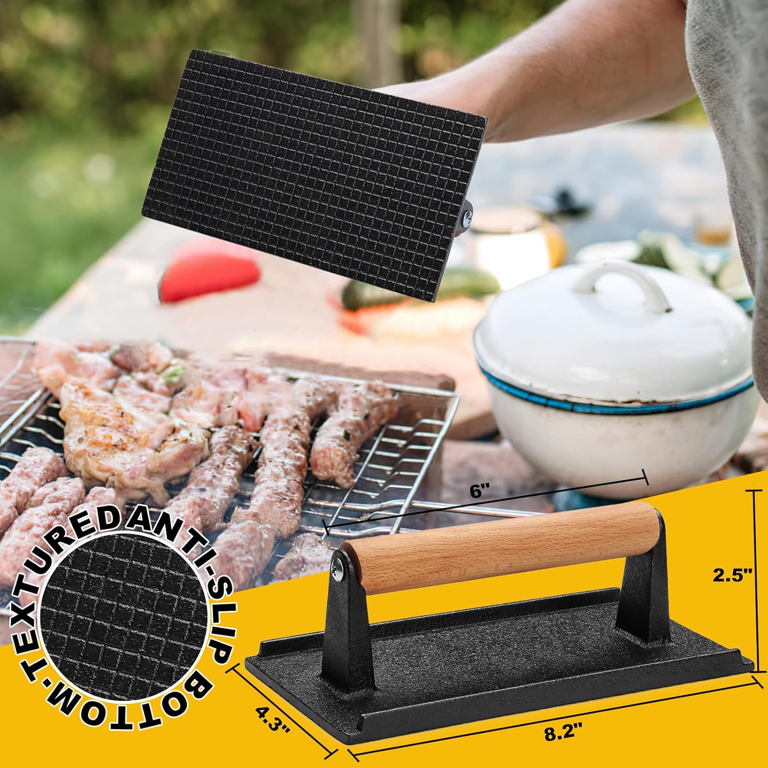 AIVIKI Prensa de hamburguesas, prensa de hamburguesas para plancha Blackstone, hierro fundido resistente, rectangular, 8.2 x 4.2 pulgadas, prensa de