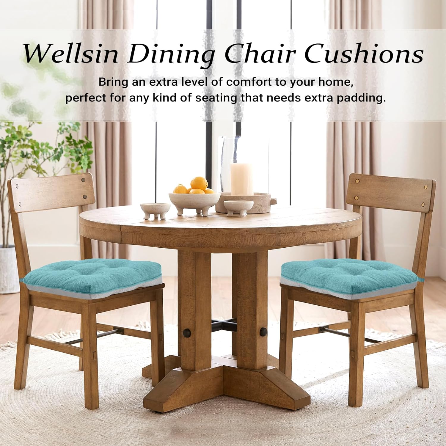 Wellsin Cojines para sillas de comedor, paquete de 4, cojines para sillas de cocina de 15.5 x 15.5 pulgadas con lazos y respaldo antideslizante,