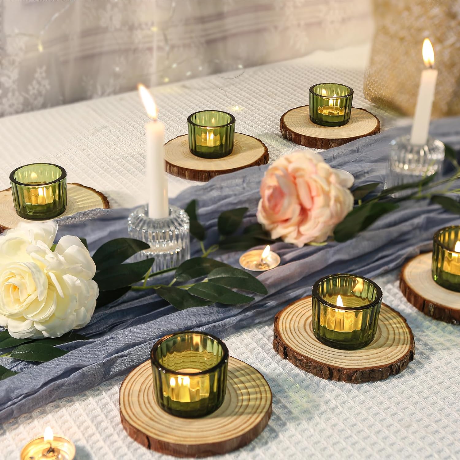 36 portavelas verdes para decoración de bodas, portavelas votivas, relleno de cera de cristal transparente romántico para cumpleaños, portavelas
