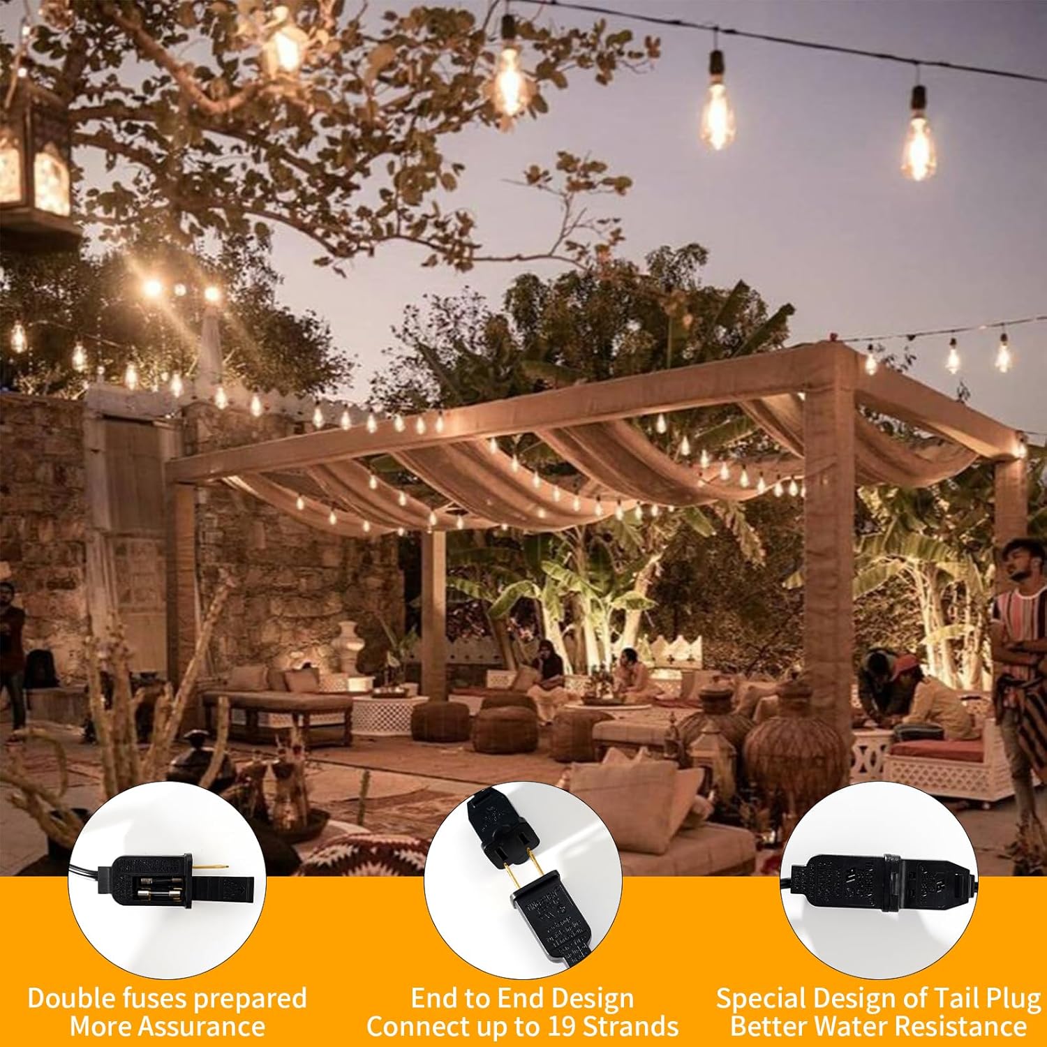 Guirnalda de luces LED para exteriores de 30 pies, impermeable, 2200 K ST38, luces LED para exteriores para patio con 16 bombillas Edison vintage