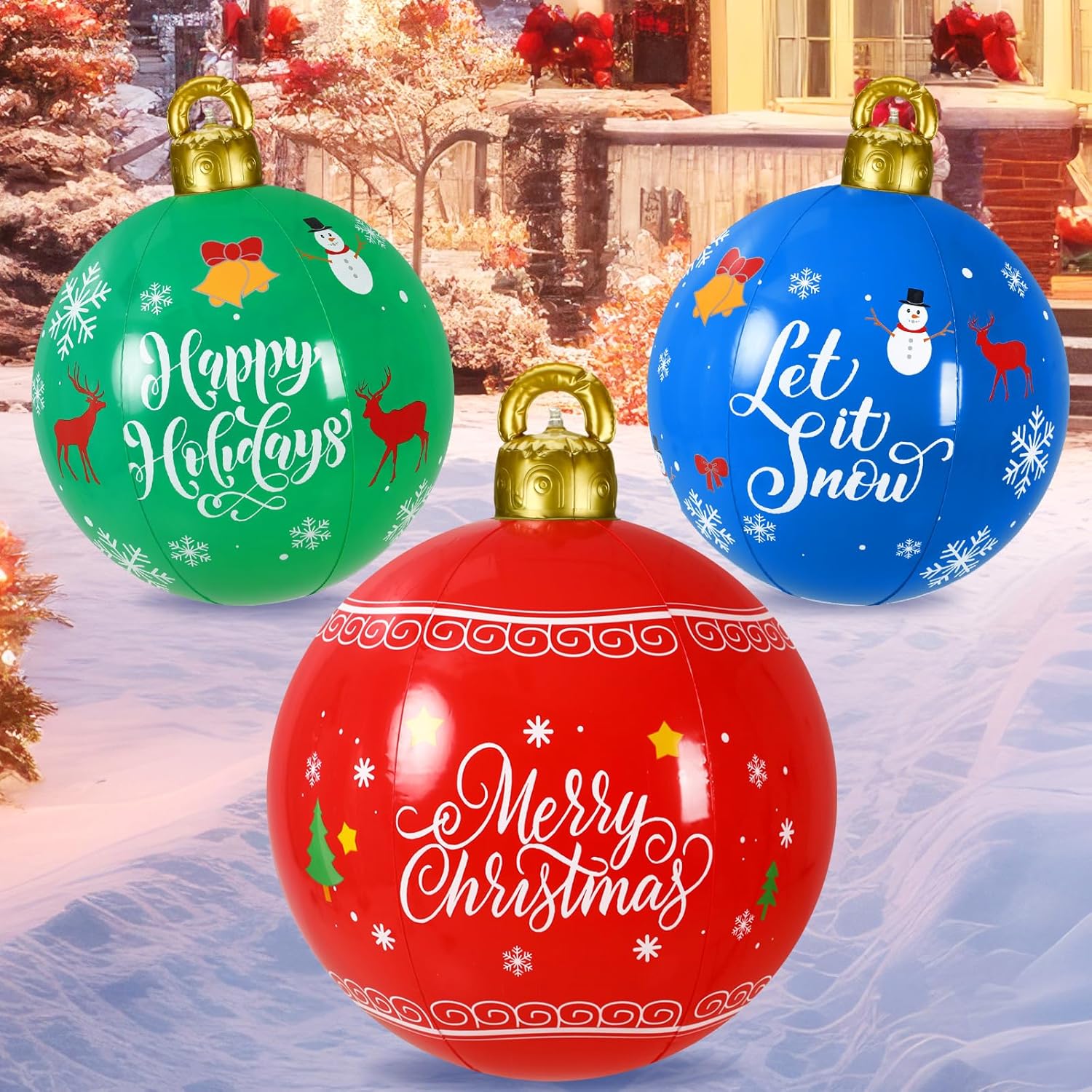 Jetec 3 bolas inflables de Navidad gigantes de PVC, adornos inflables de Feliz Navidad al aire libre, deja que la nieve explote, decoración de