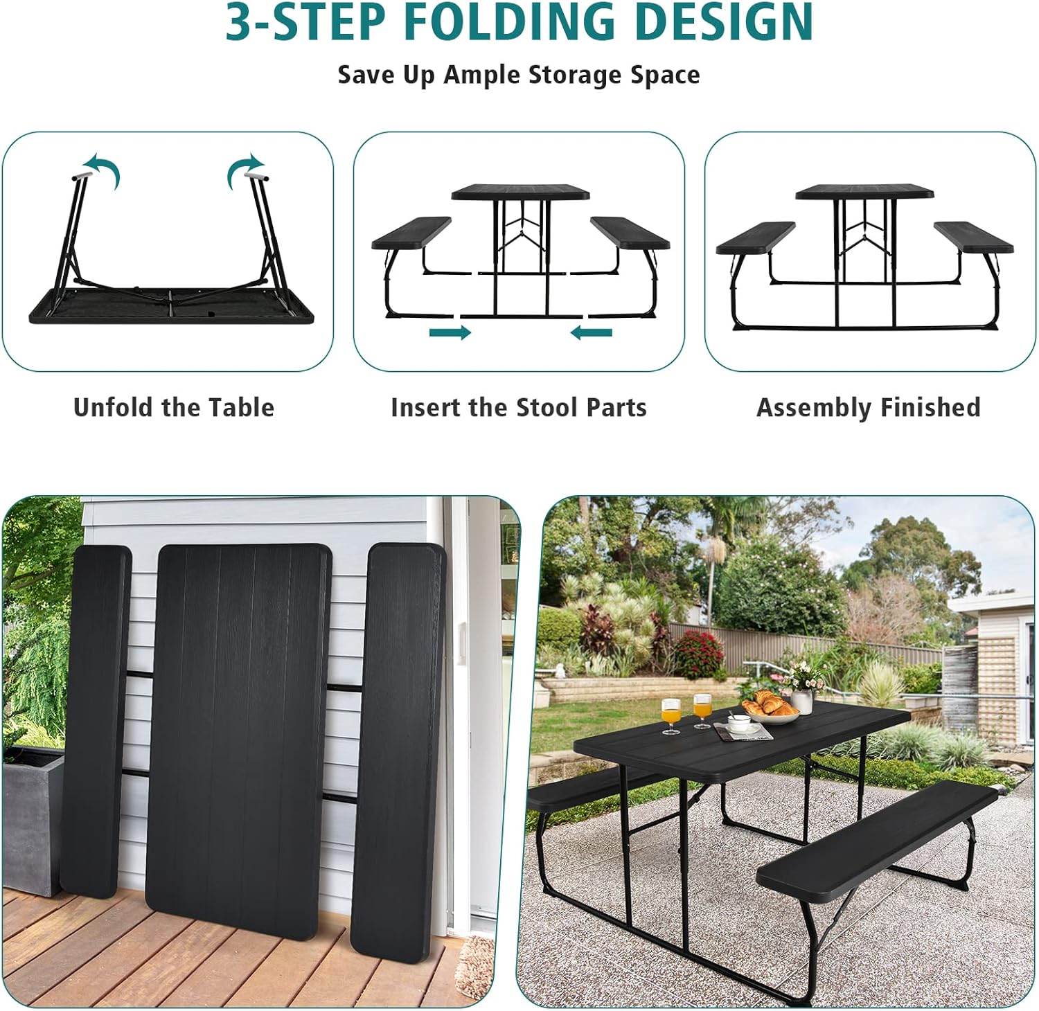 Safstar – Juego de banco de mesa de picnic plegable, mesa de picnic plegable con 2 bancos, mesa y banco para exteriores con marco de acero y mesa de